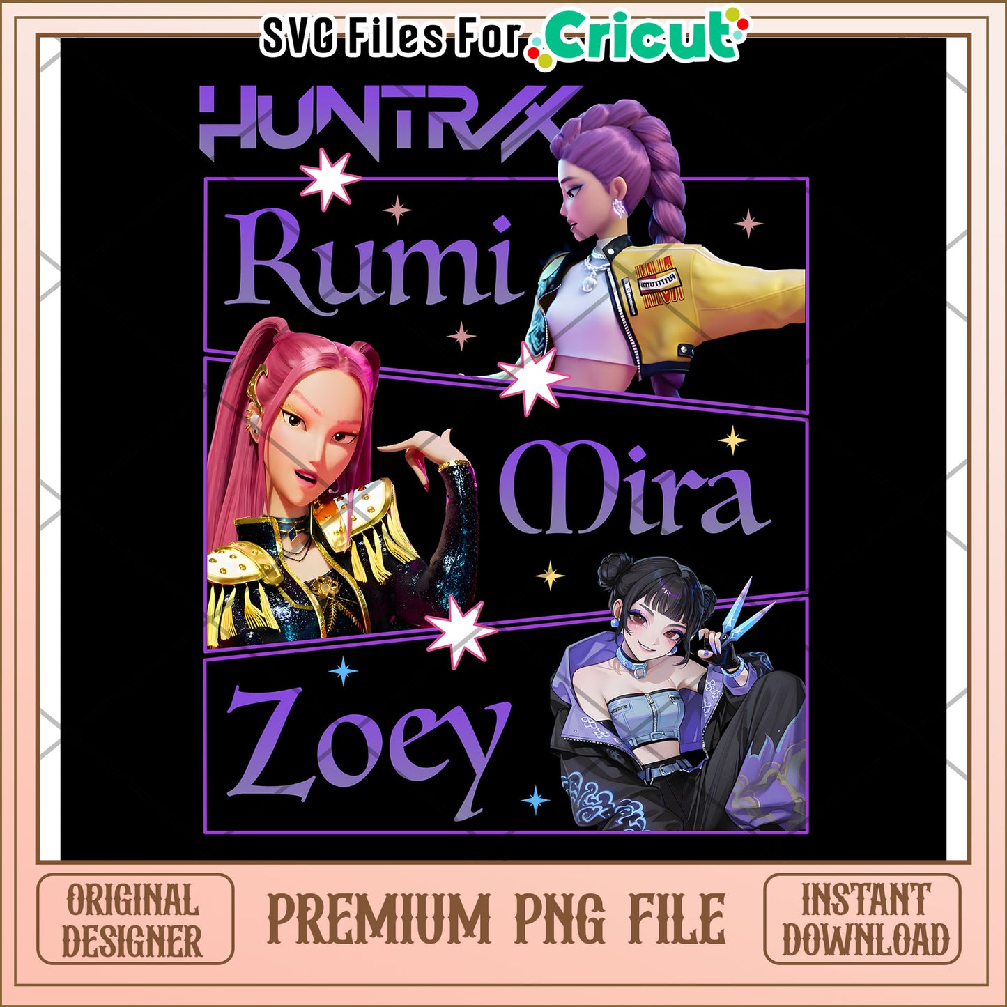 Huntrix rumi mira zoey png, kpop cartoon png, saja boys png