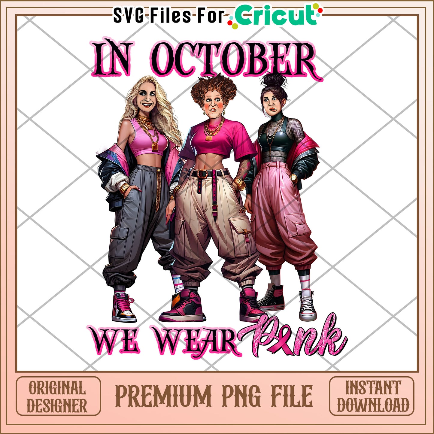 In october three witches wear pink png, halloween jokes png, halloween drawings png