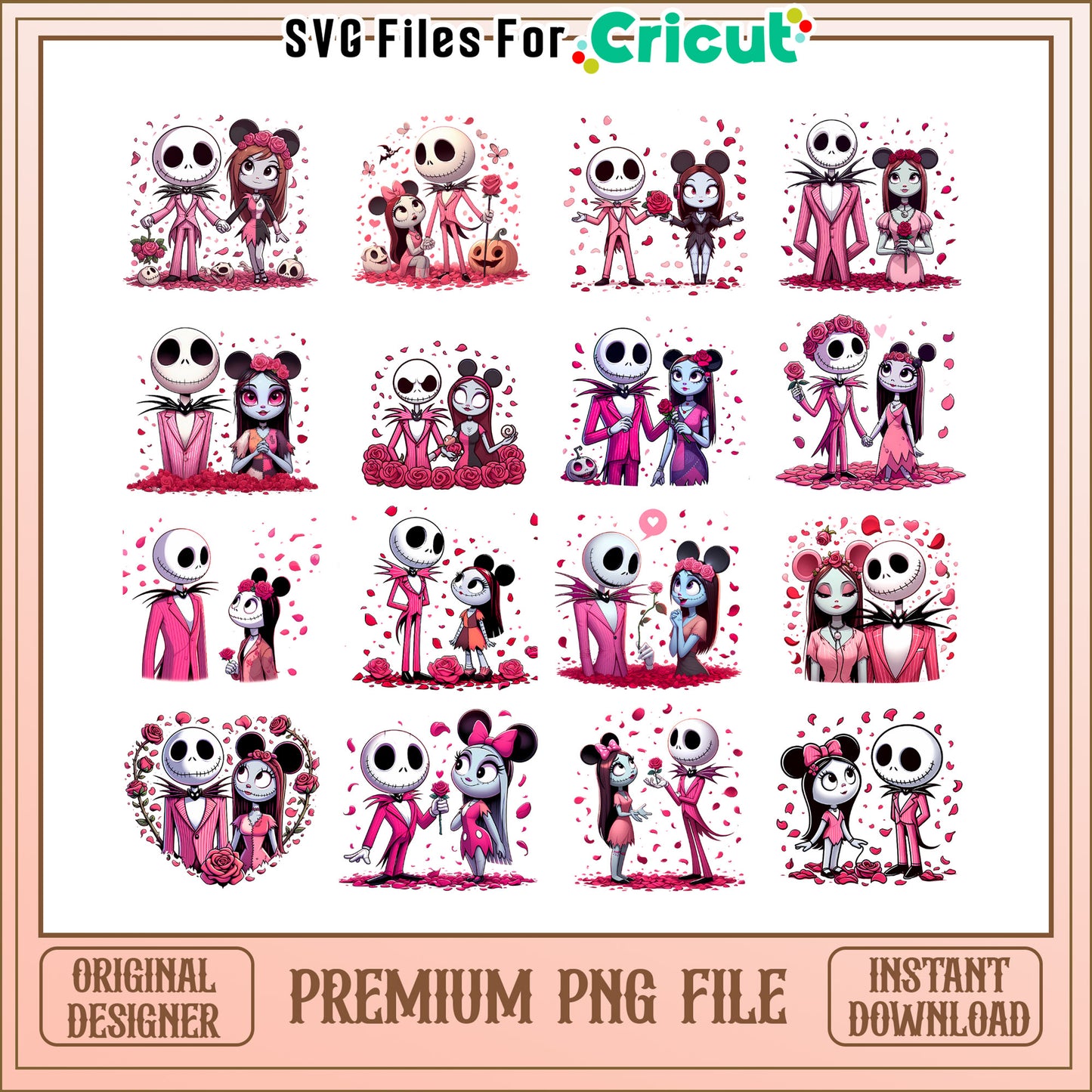 Jackskellington couple valentine bundle png, jack and sally valentine png