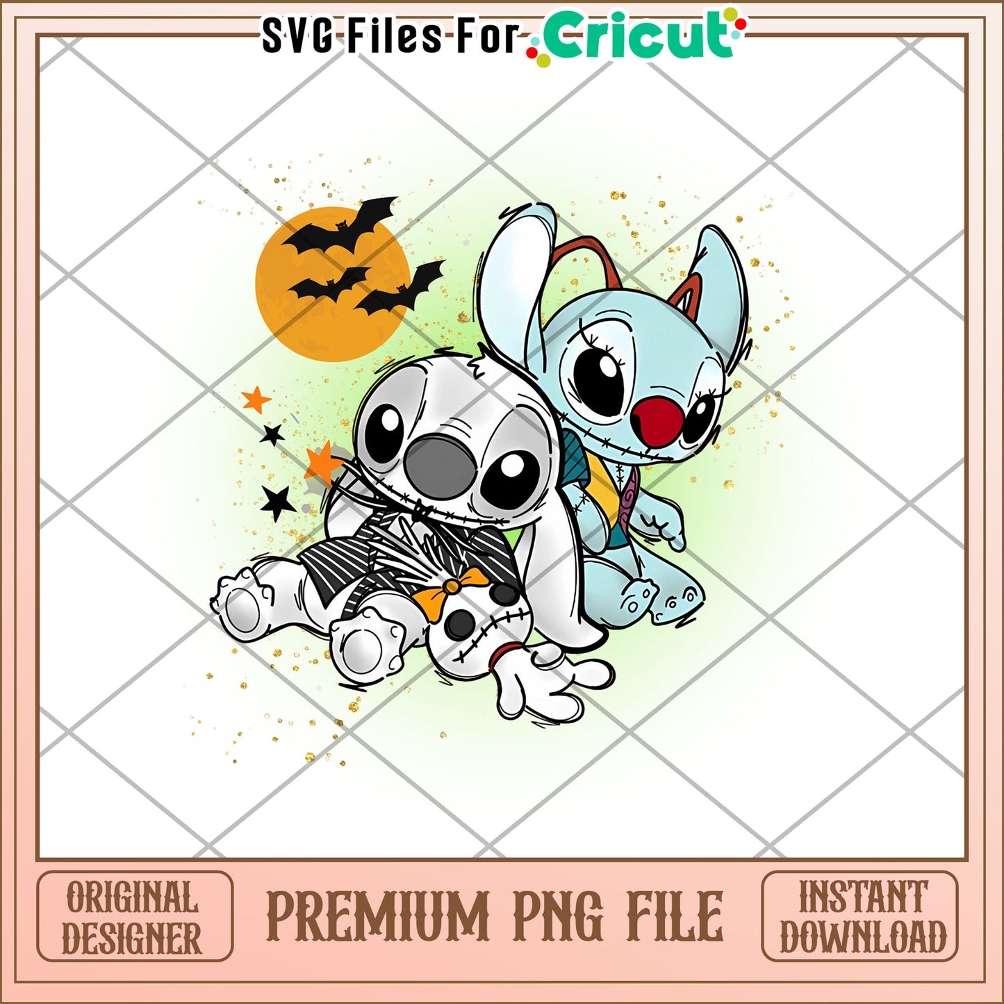 Jack and sally stitch png, halloween pumpkins png, cute stitch png