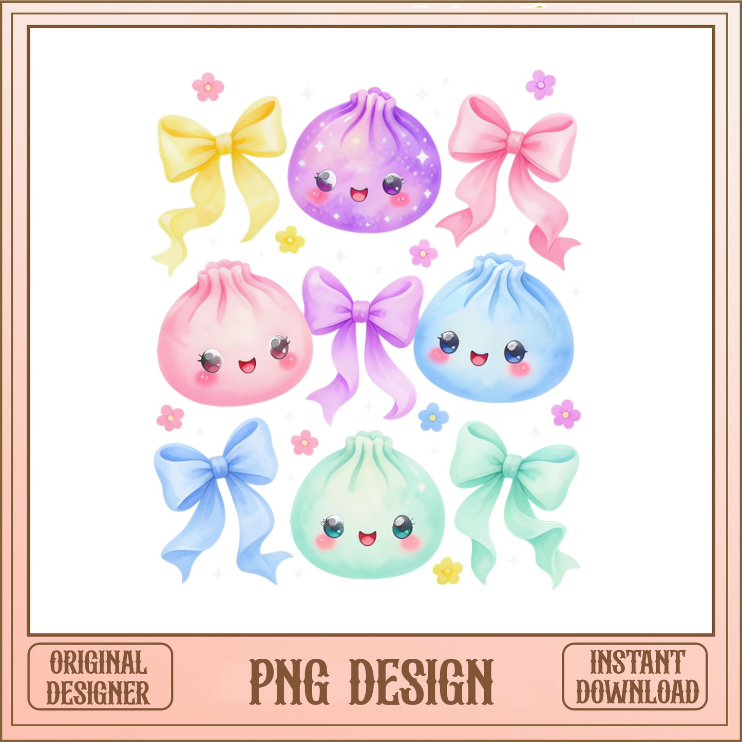 Kawaii Dumpling Bow PNG Bundle, Coquette Clipart PNG, Cute Dumpling PNG