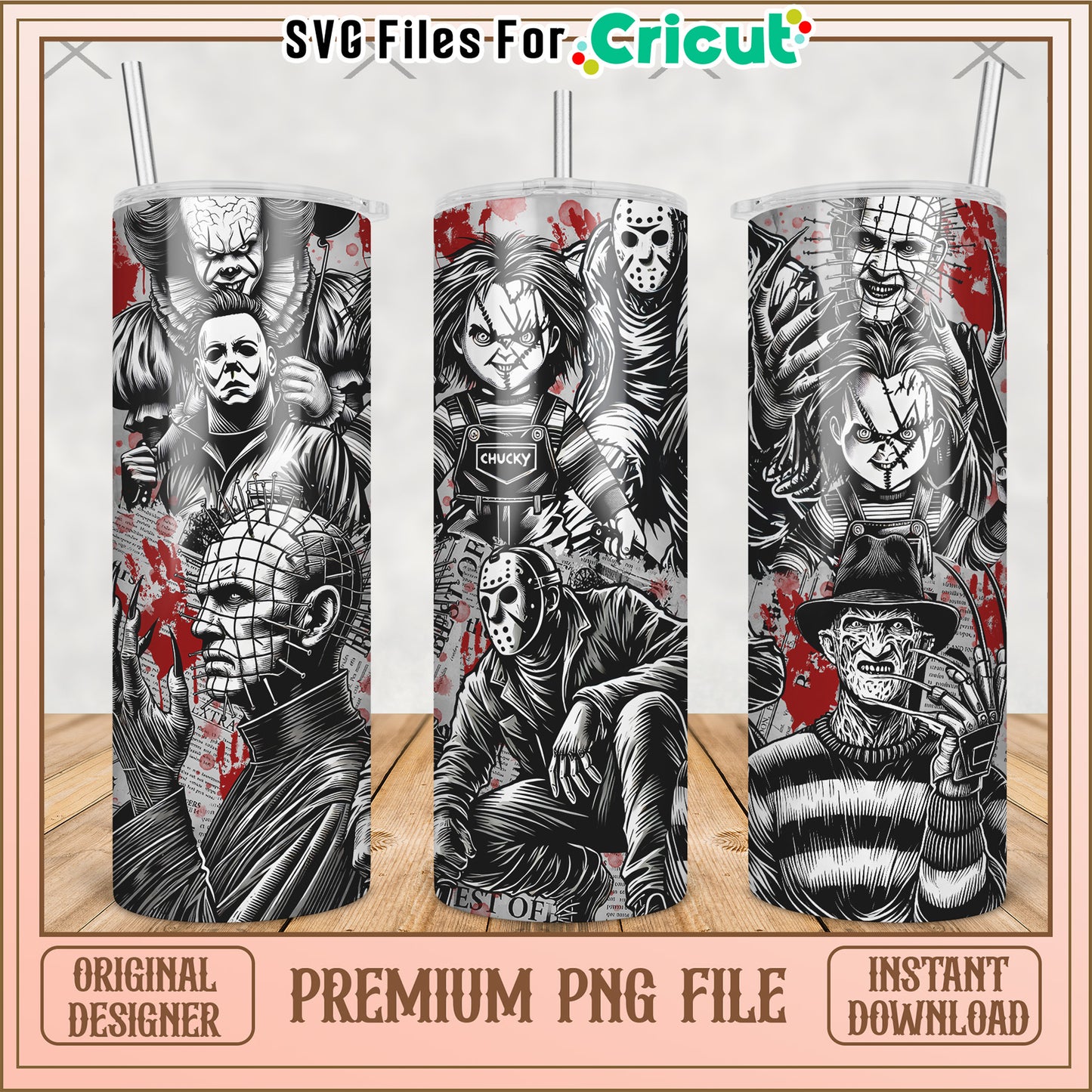 Killers black and white tumbler png, horror movie png, halloween tumbler png