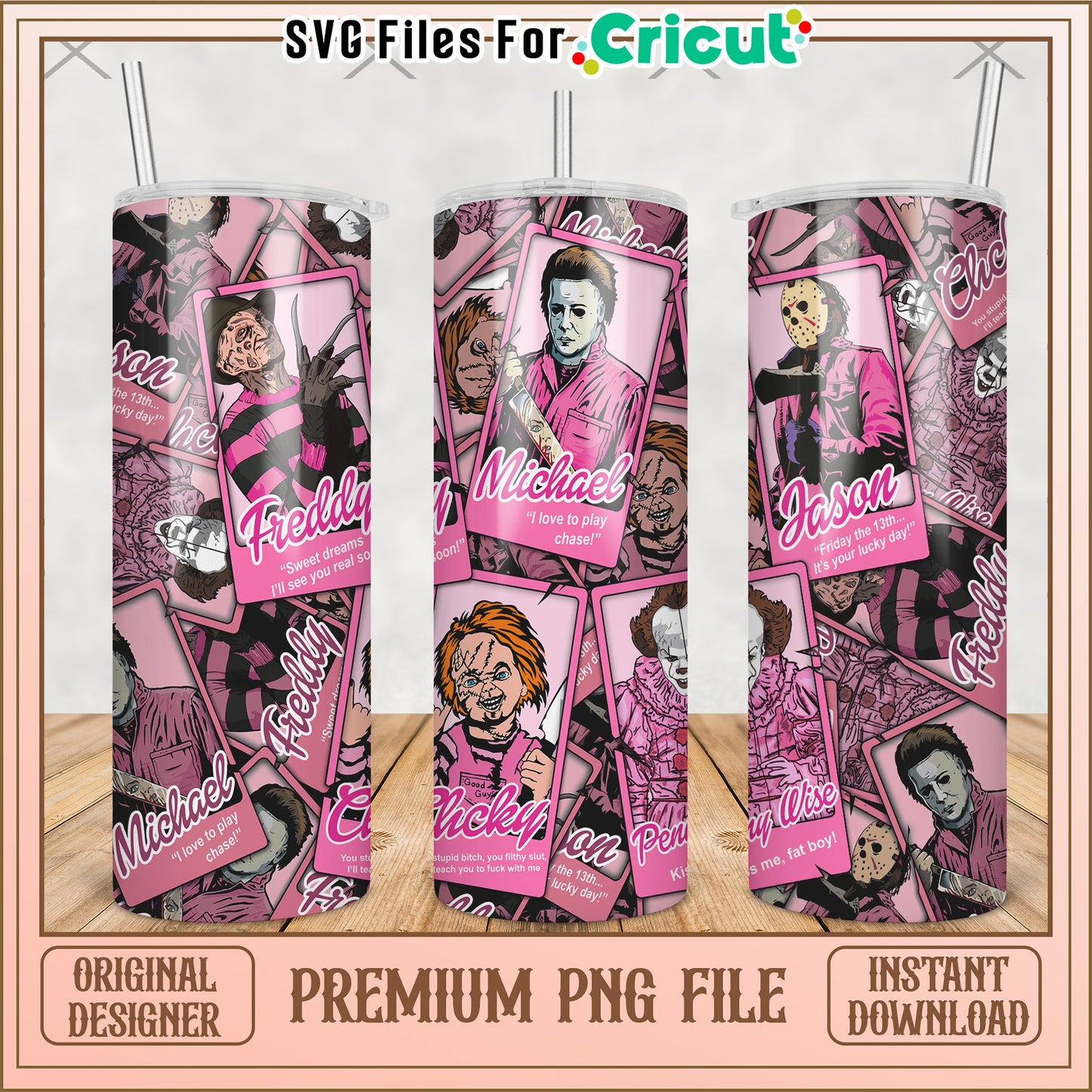 Killers pink tumbler design png, horror movie png, halloween tumbler png