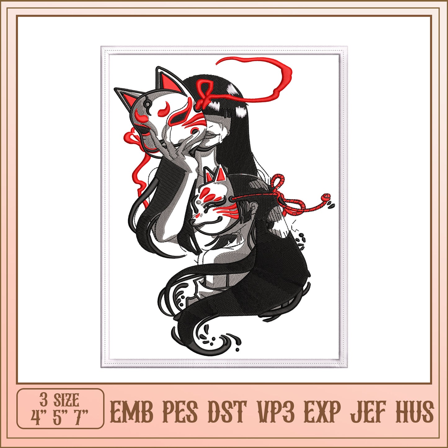 Kitsune Mask Girl Embroidery Design