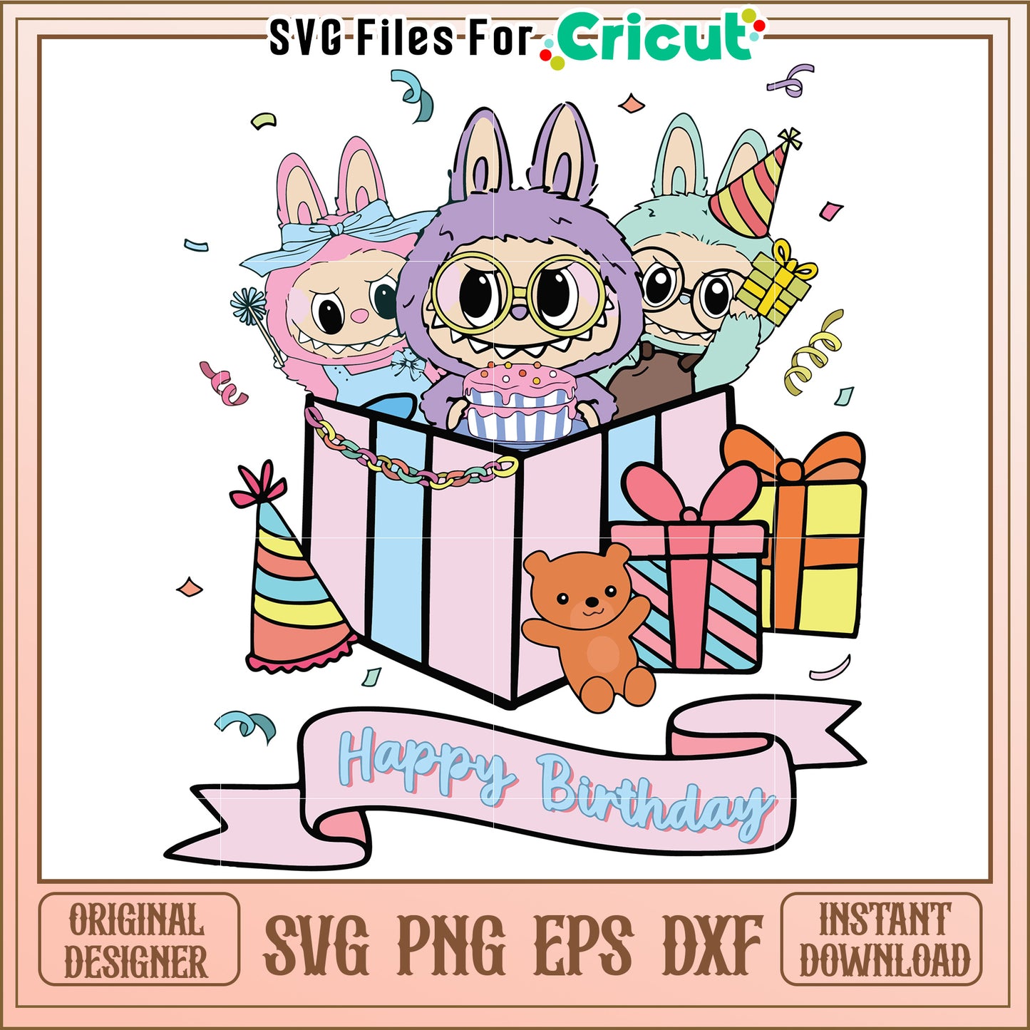 Labubu happy birthday design svg, birthday party labubu svg, cute labubu celebration svg
