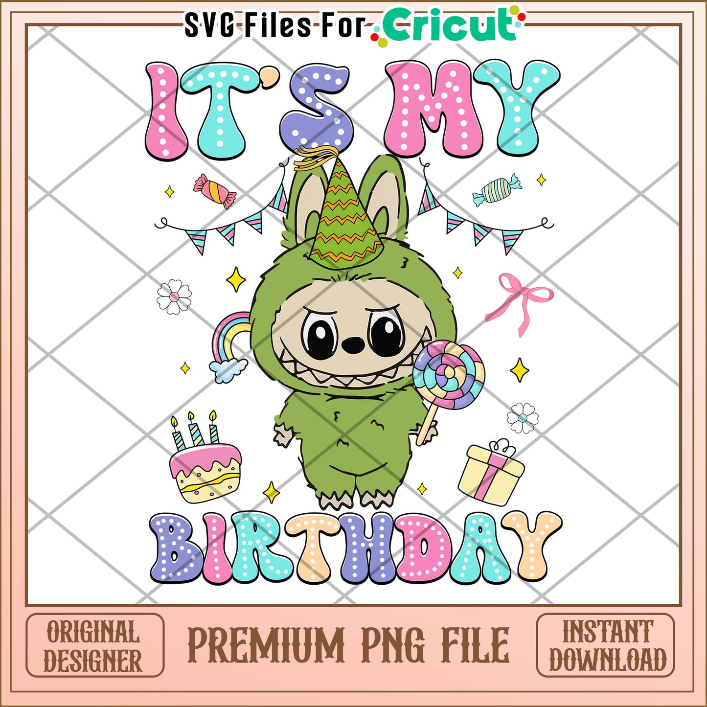 Labubu it's my birthday green characters design png, labubu popmart png, labubu png