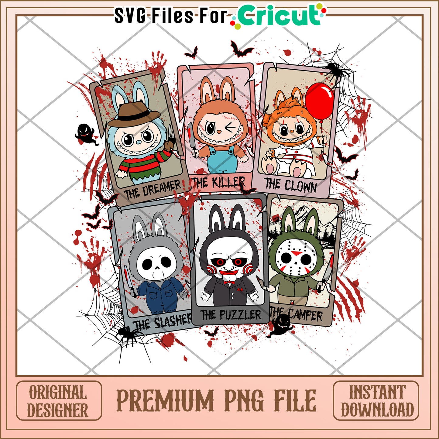 Labubu killers picture frame png, halloween characters png, halloween season png