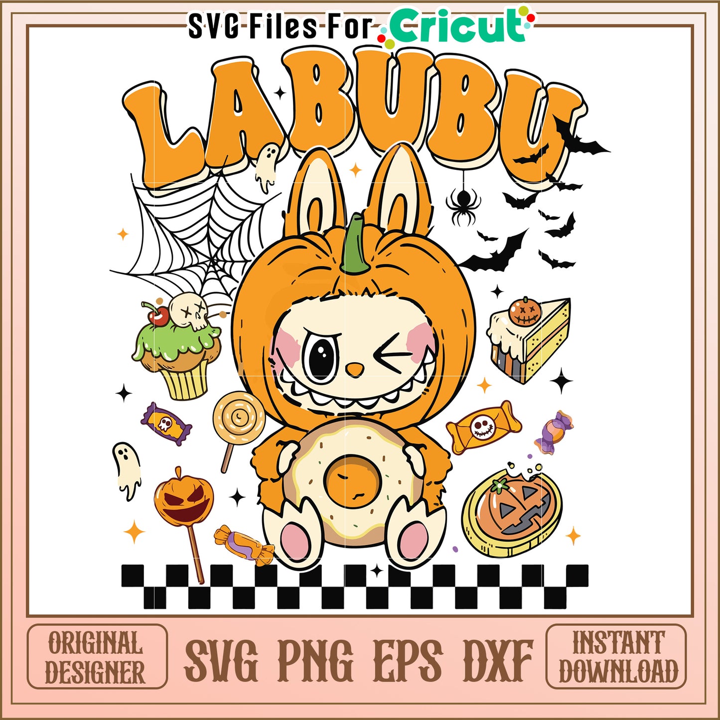Labubu orange pumpkin halloween svg, cute labubu in pumpkin svg, halloween costume svg