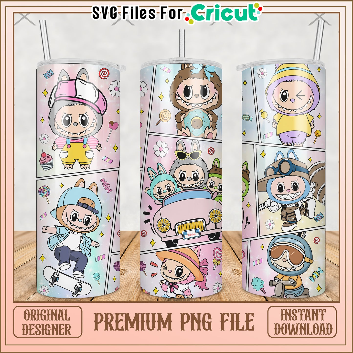 Labubu playing outside tumbler png, labubu macaron png, the monsters labubu png
