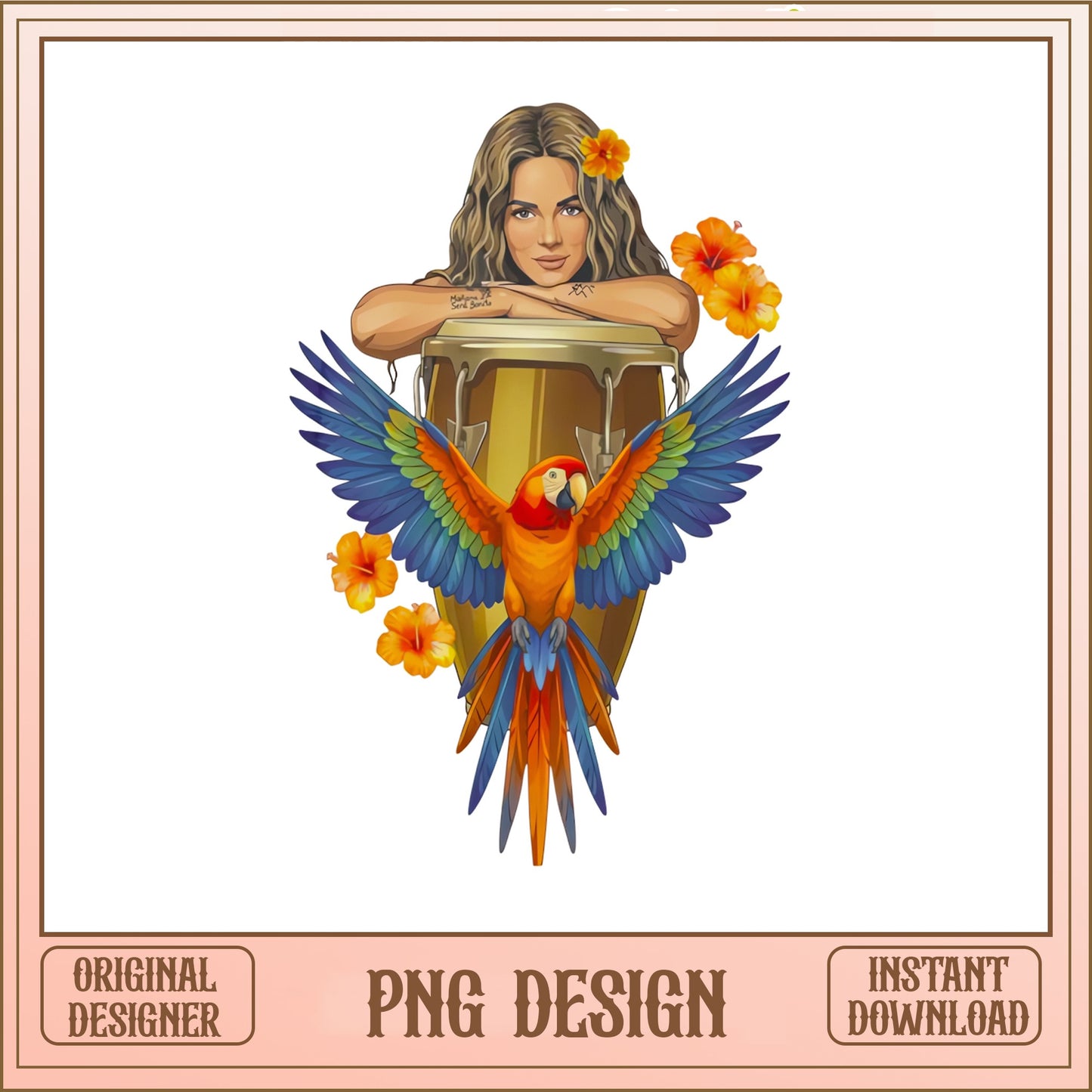 Latina Woman Conga Drum PNG, Parrot Hibiscus PNG, Tropical PNG