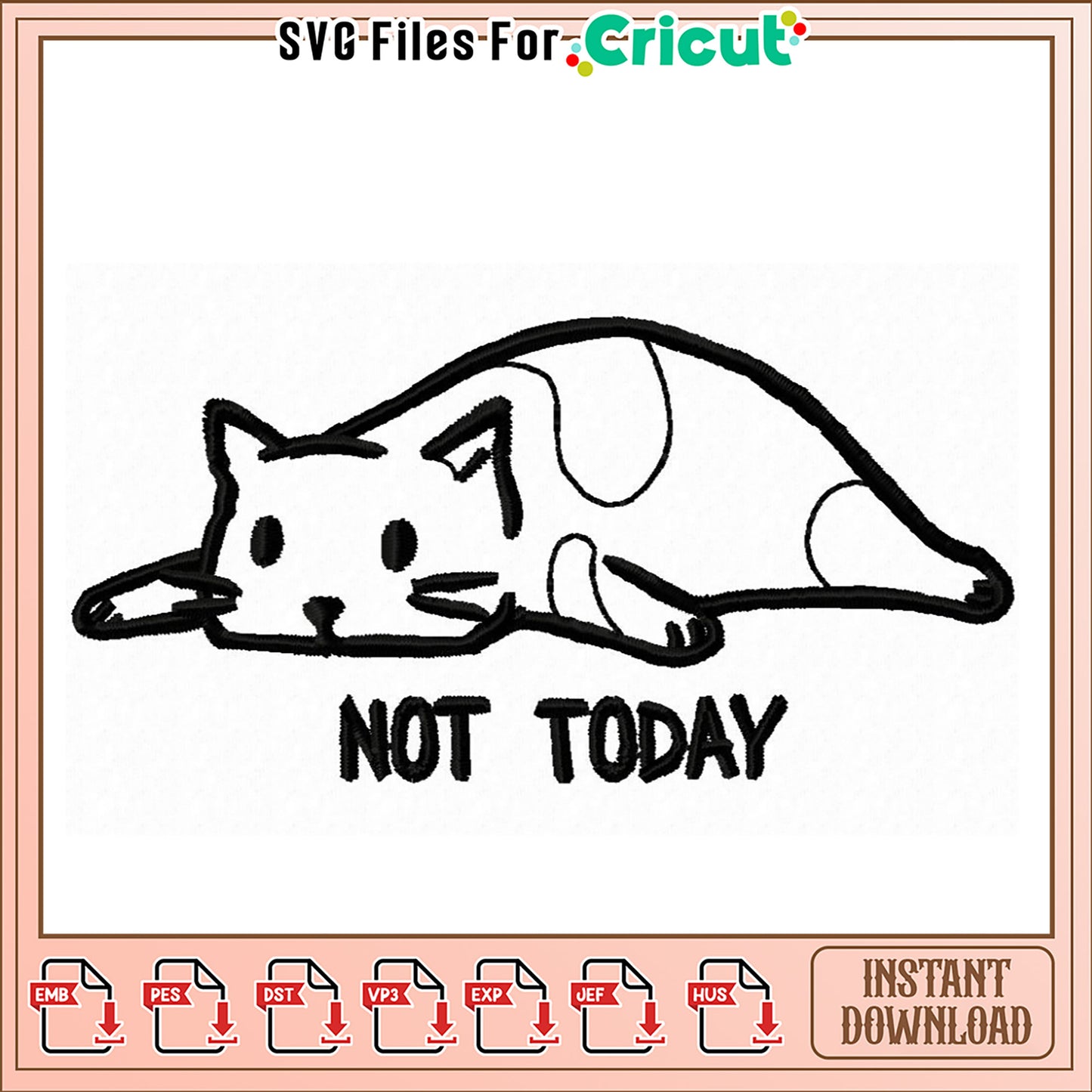Lazy Cat Embroidery Design Instant Download