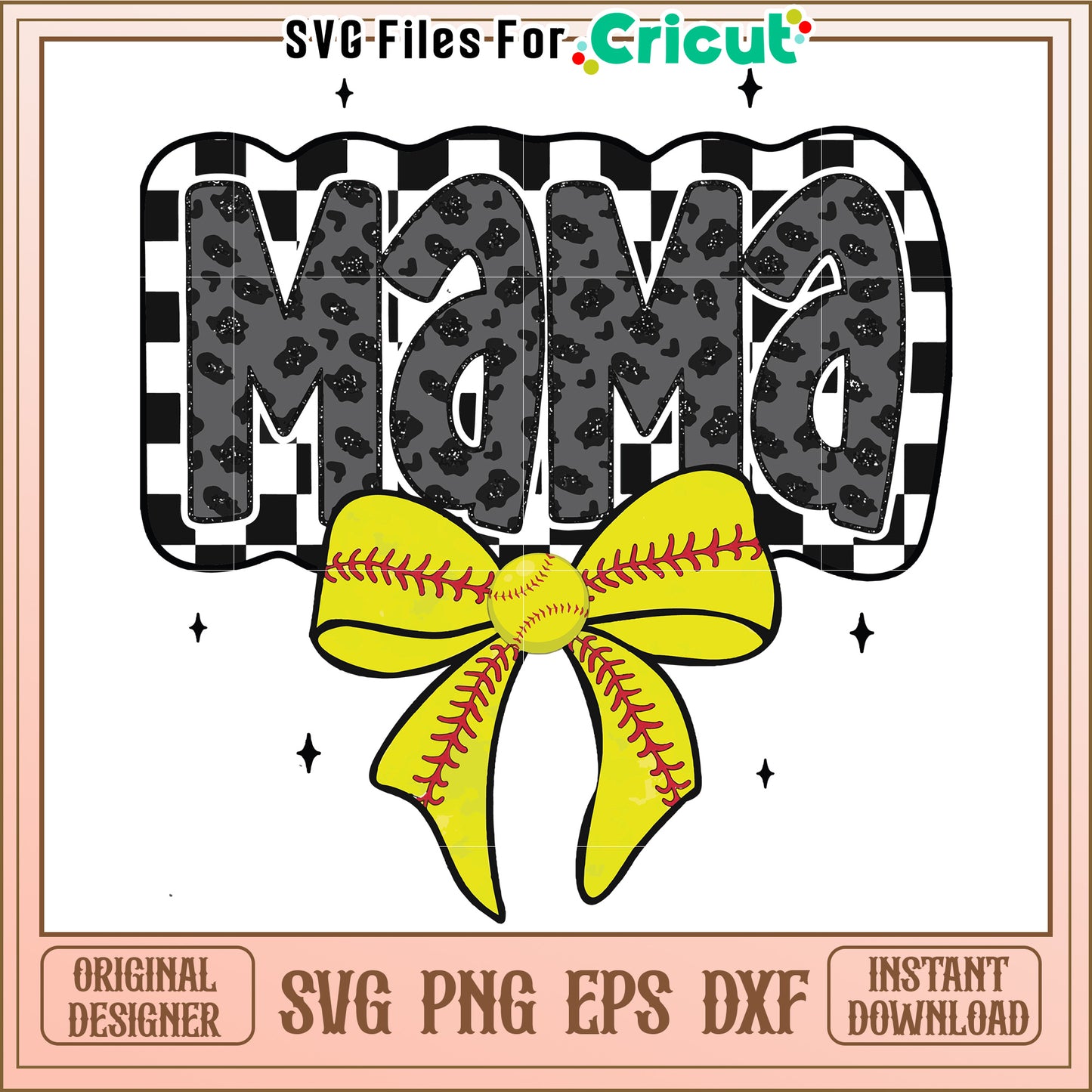 Mama design with yellow bow and softball, perfect for sports moms