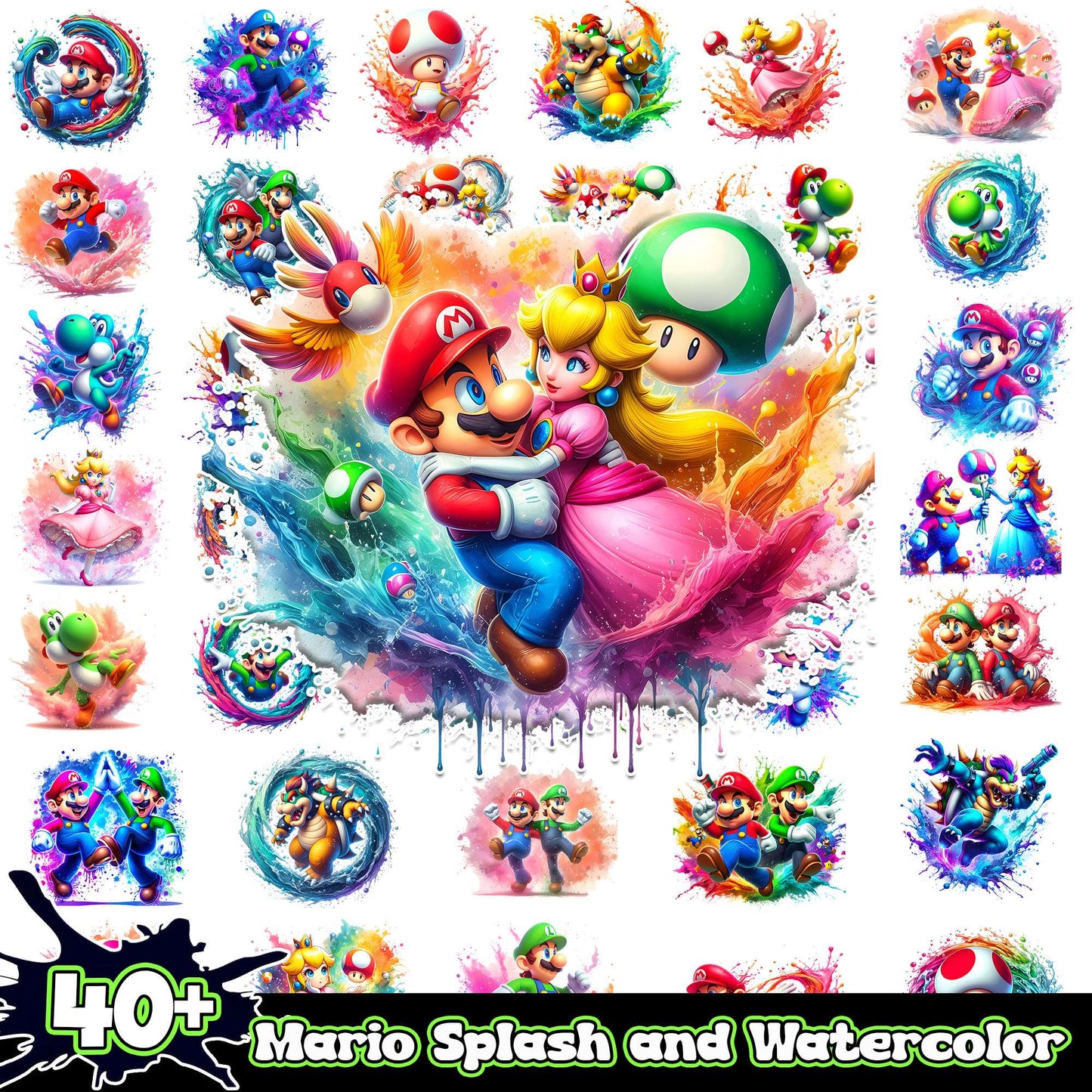Super mario characters watercolor design bundle png, super mario png
