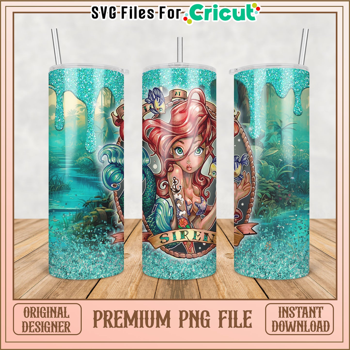 Mermaid Siren Glitter Tumbler PNG