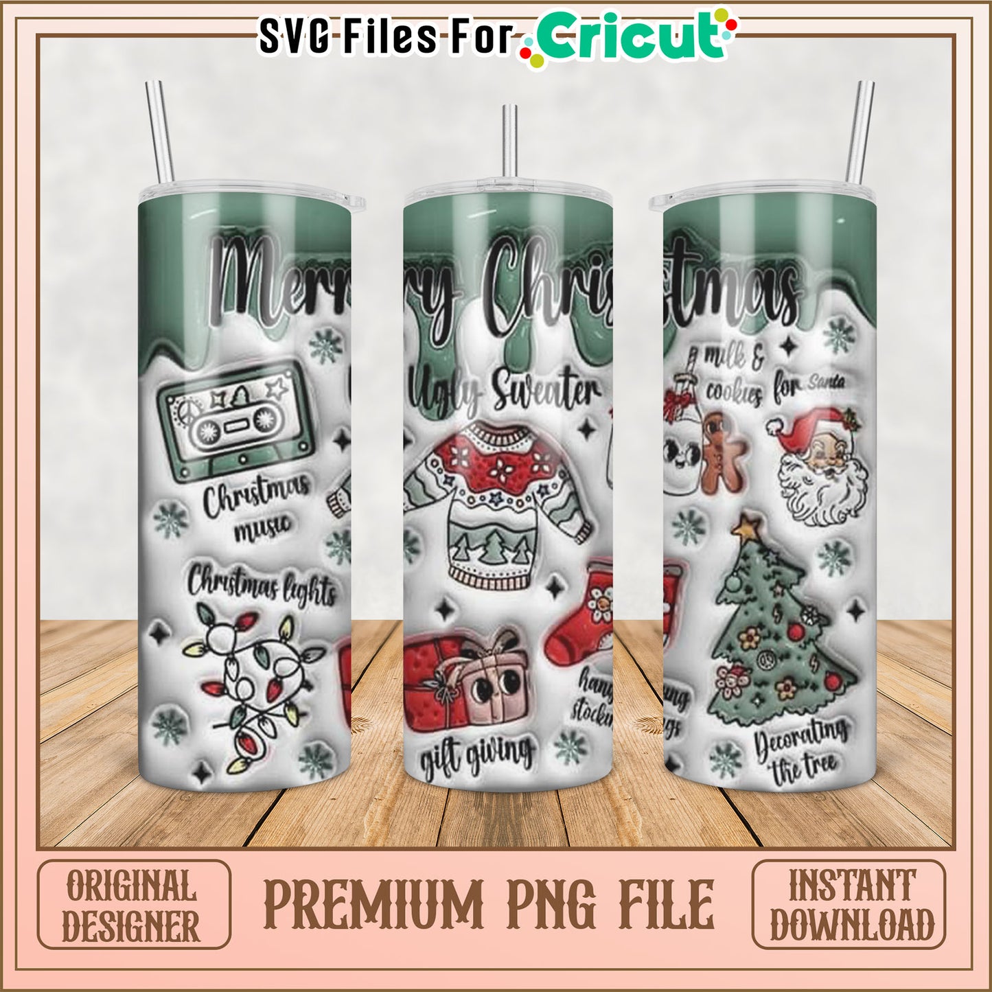 Merry Christmas Tumbler Design PNG for Cricut Crafting Download