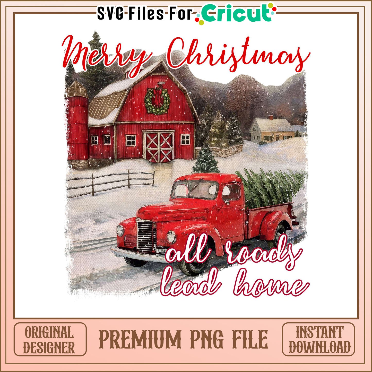 Merry Christmas red truck and barn design, all roads lead home