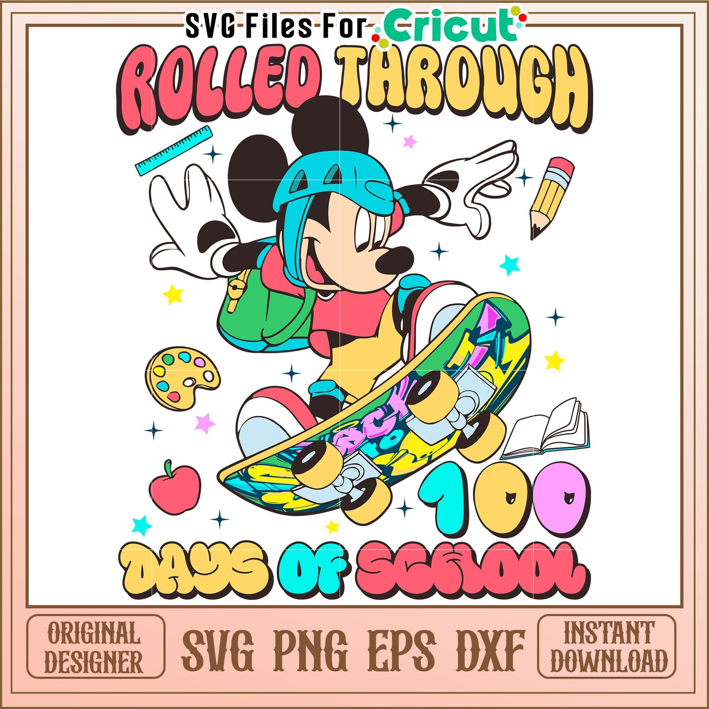 Mickey Mouse Skateboarding 100 Days School SVG