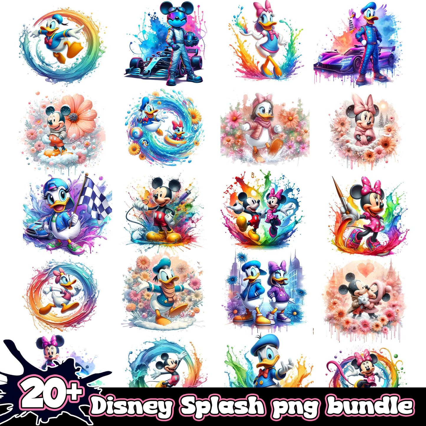 Mickey characters watercolor bundle png, cartoon character mickey png