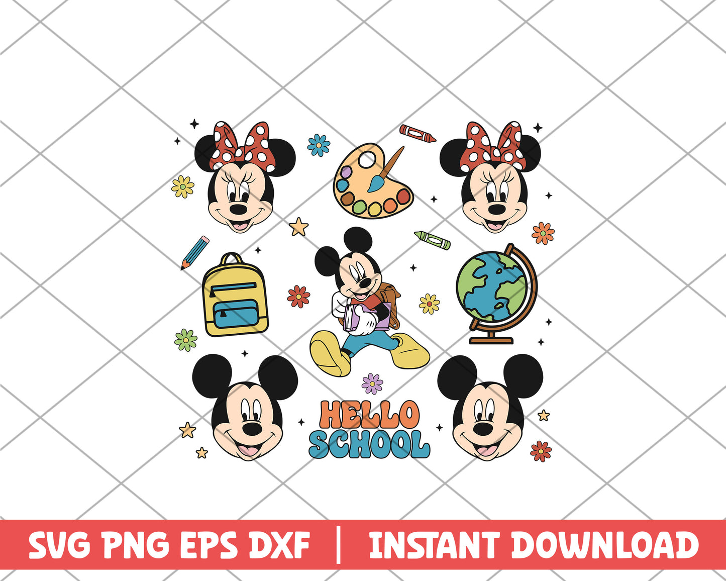 Mickey and minnie hello school disney svg