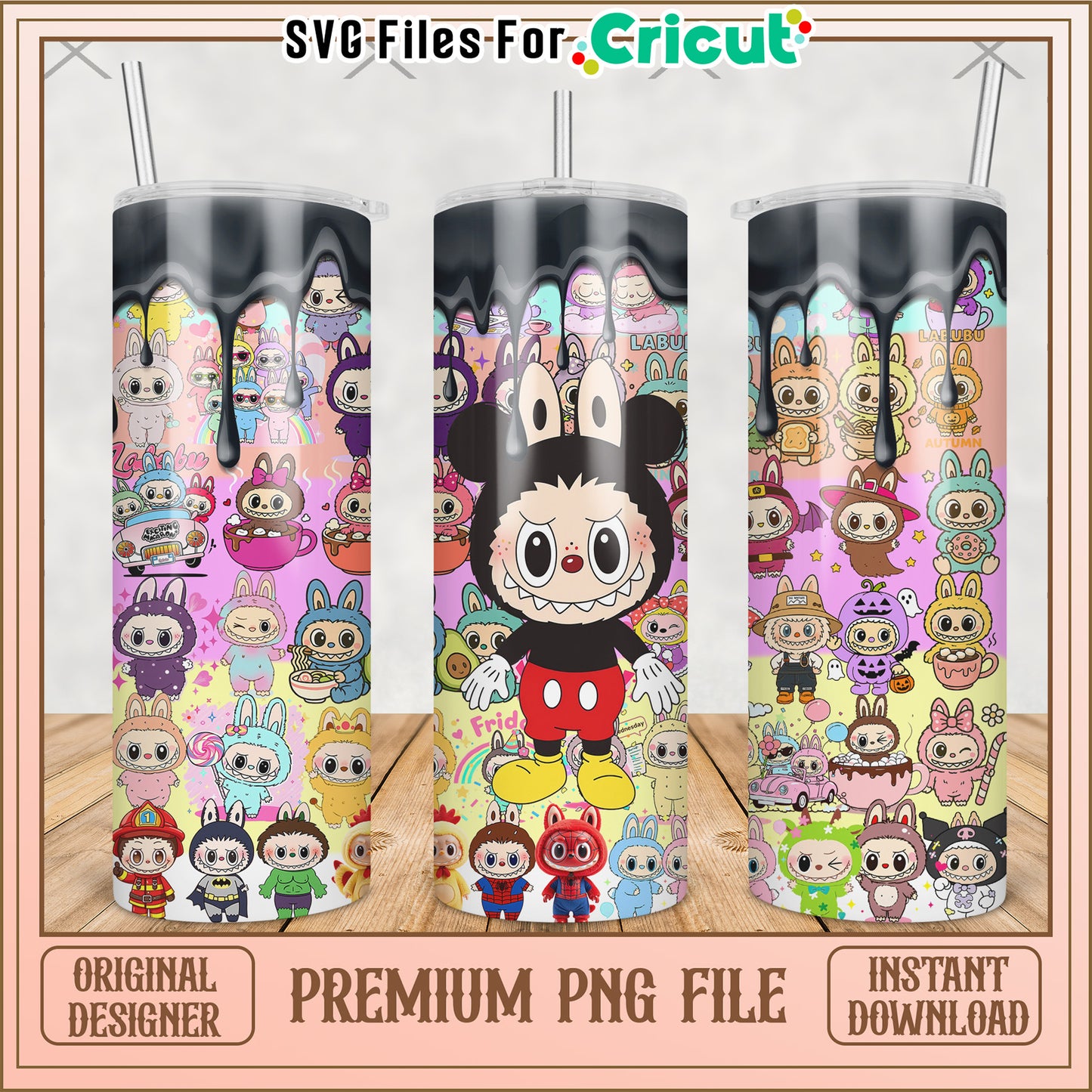 Mickey mouse characters tumbler png, cute labubu png, labubu popmart png