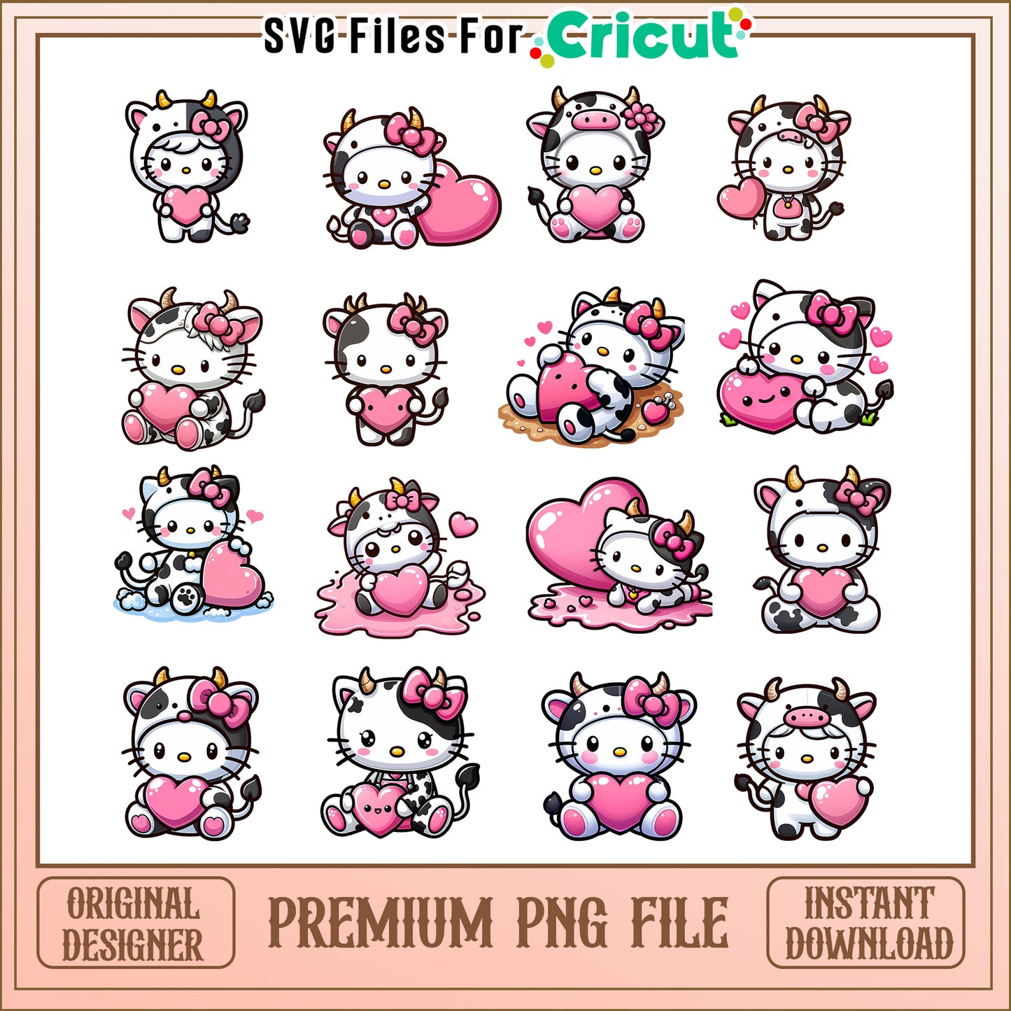 Hello kitty cow heart bundle png, cow hello kitty png