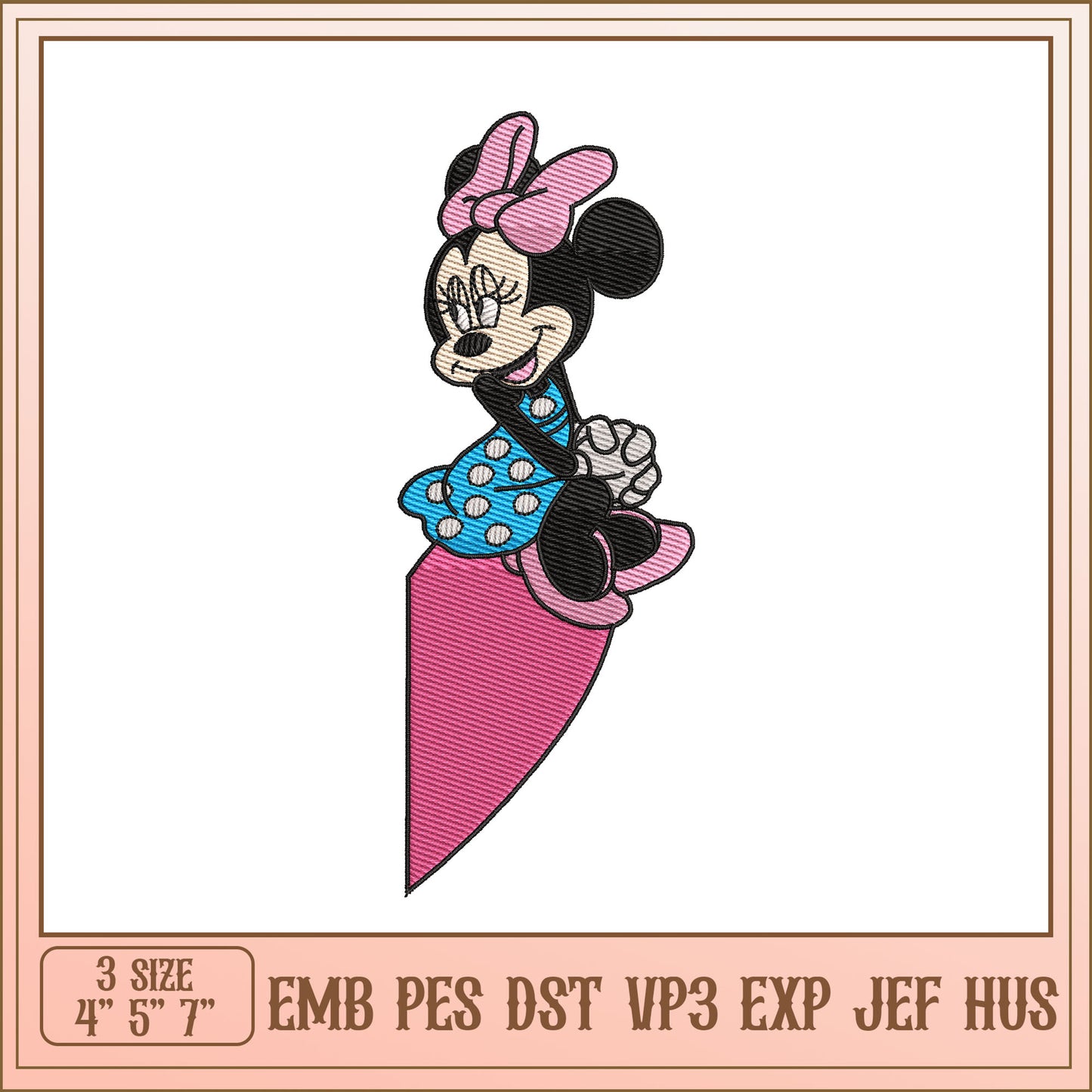 Minnie Mouse Embroidery Design for DIY Projects in Three Sizes