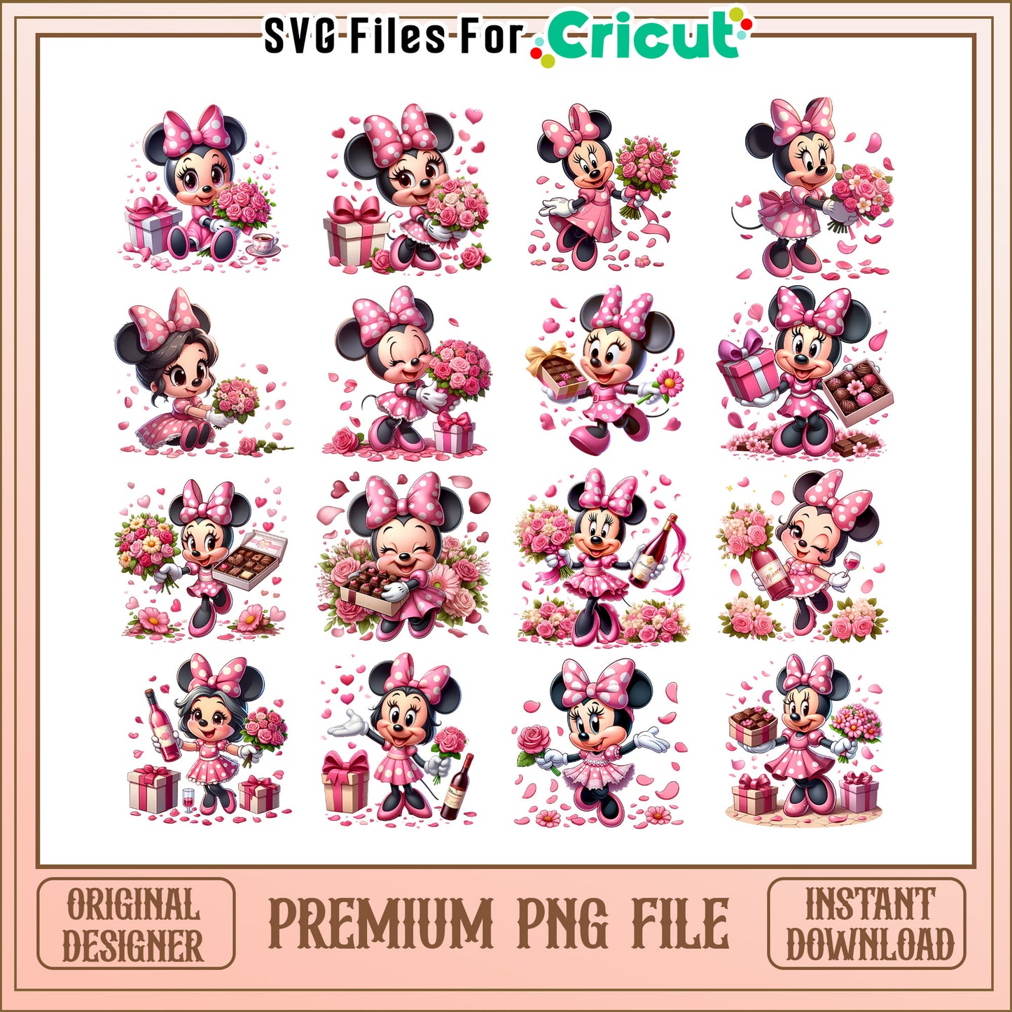 Minnie pink flower valentine bundle png, pink minnie mouse png