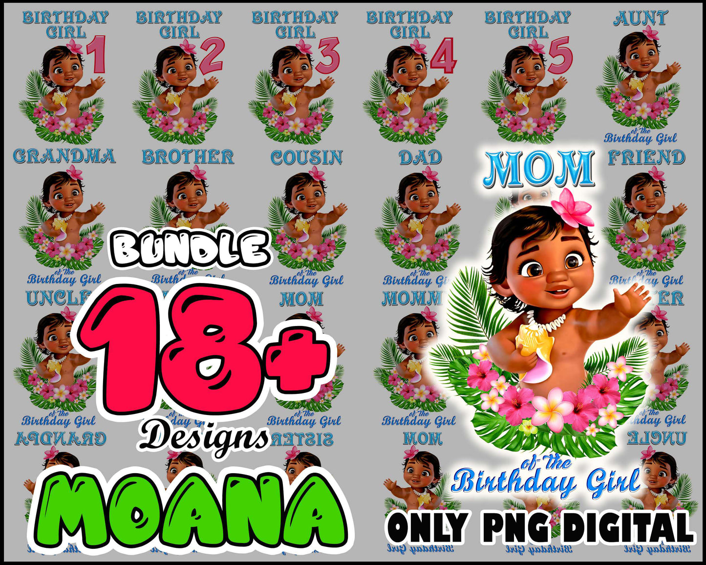 Moana baby birthday girl bundle png, baby moana png, disney png