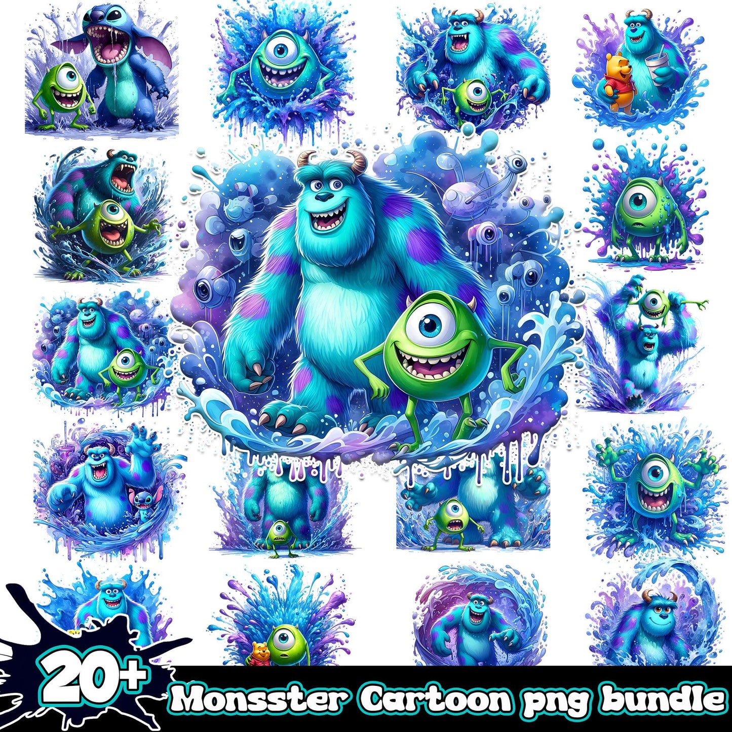 Monster inc watercolor design bundle png, monster and inc png