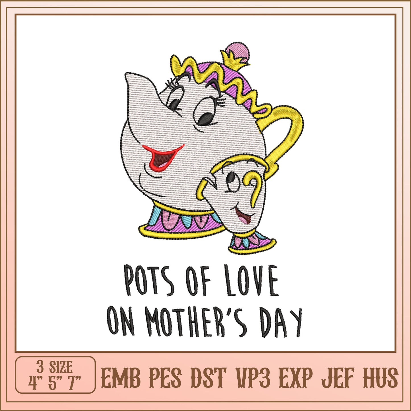 Mothers Day Embroidery Design Pots of Love