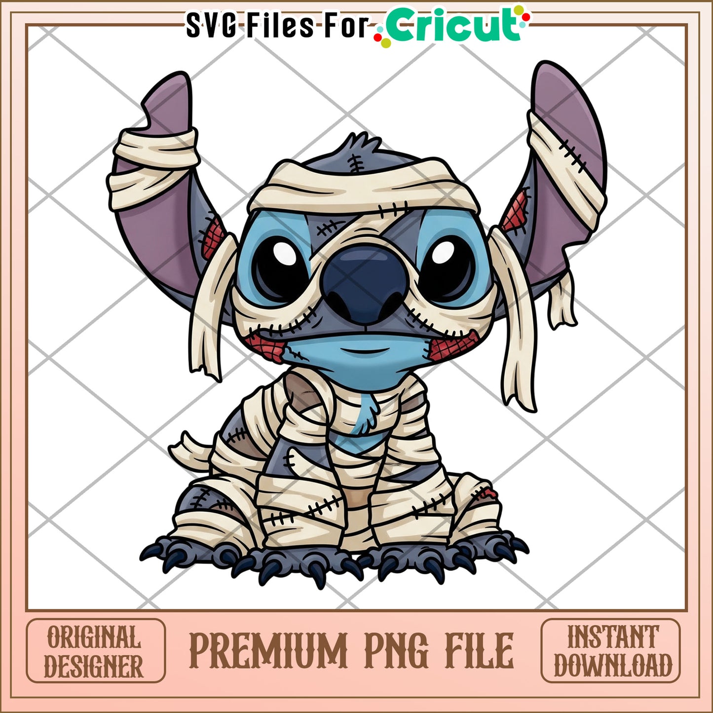 Mummy stitch funny png, halloween pumpkins png, cute stitch png