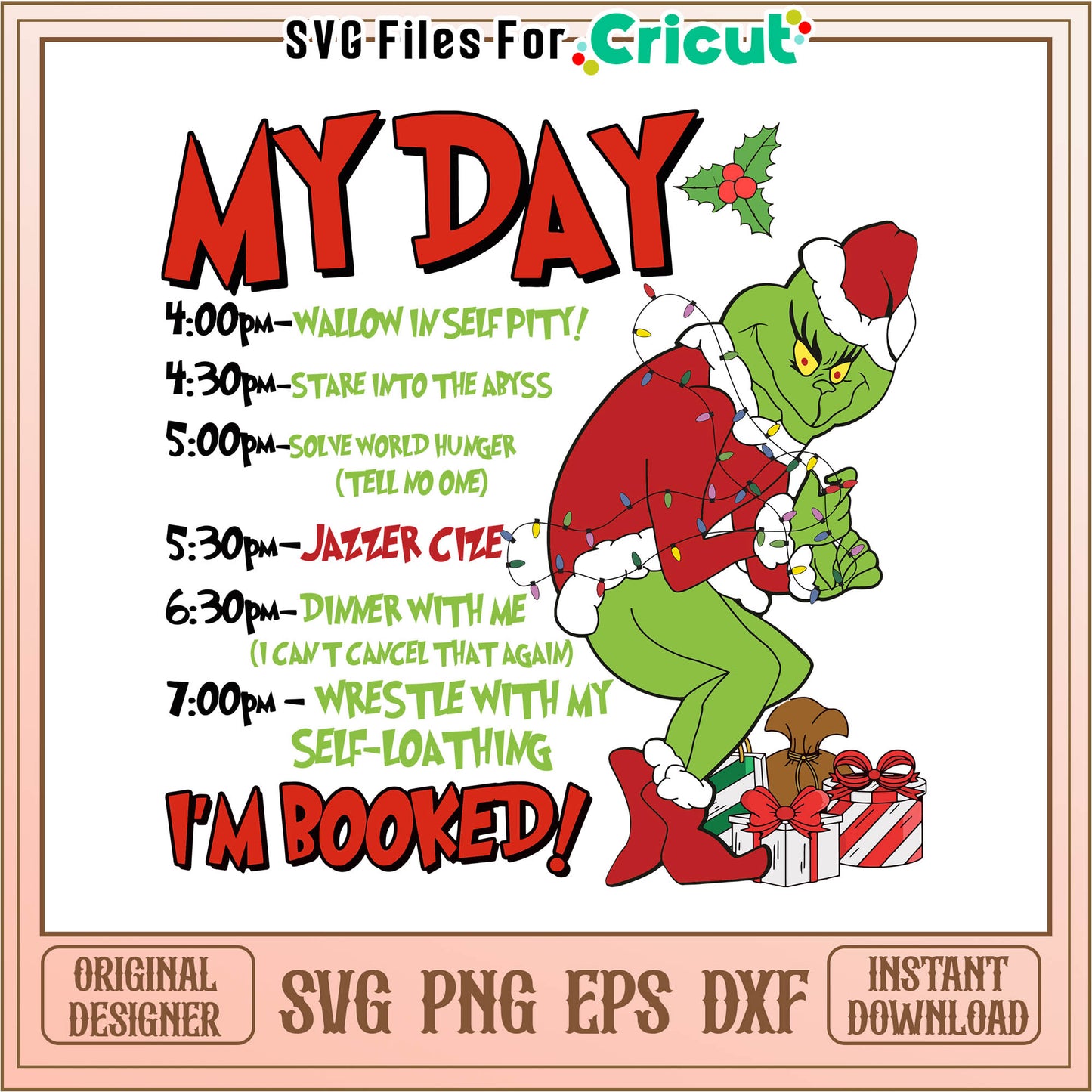 My day grinchmas im booked svg, cartoon grinch face svg