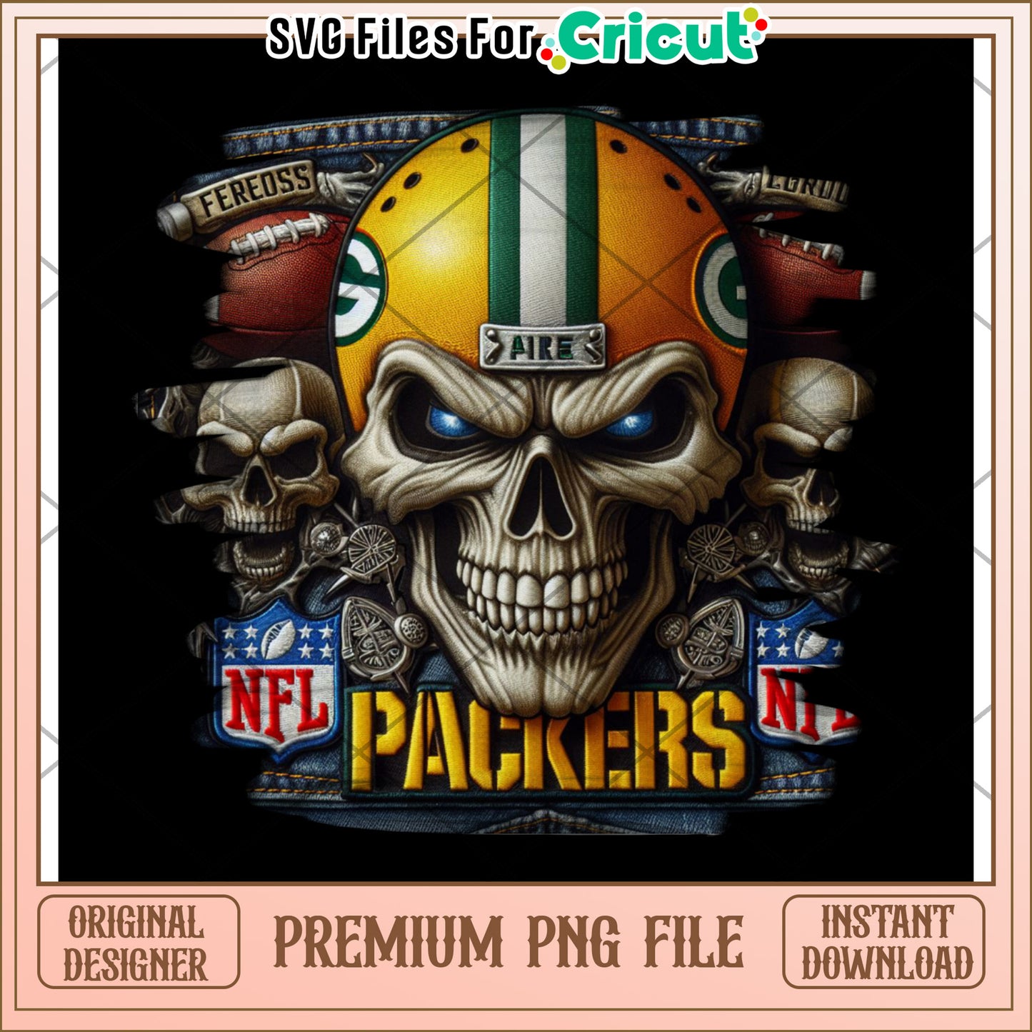 NFL Packers Skull Design PNG, ideal for craft projects and decor