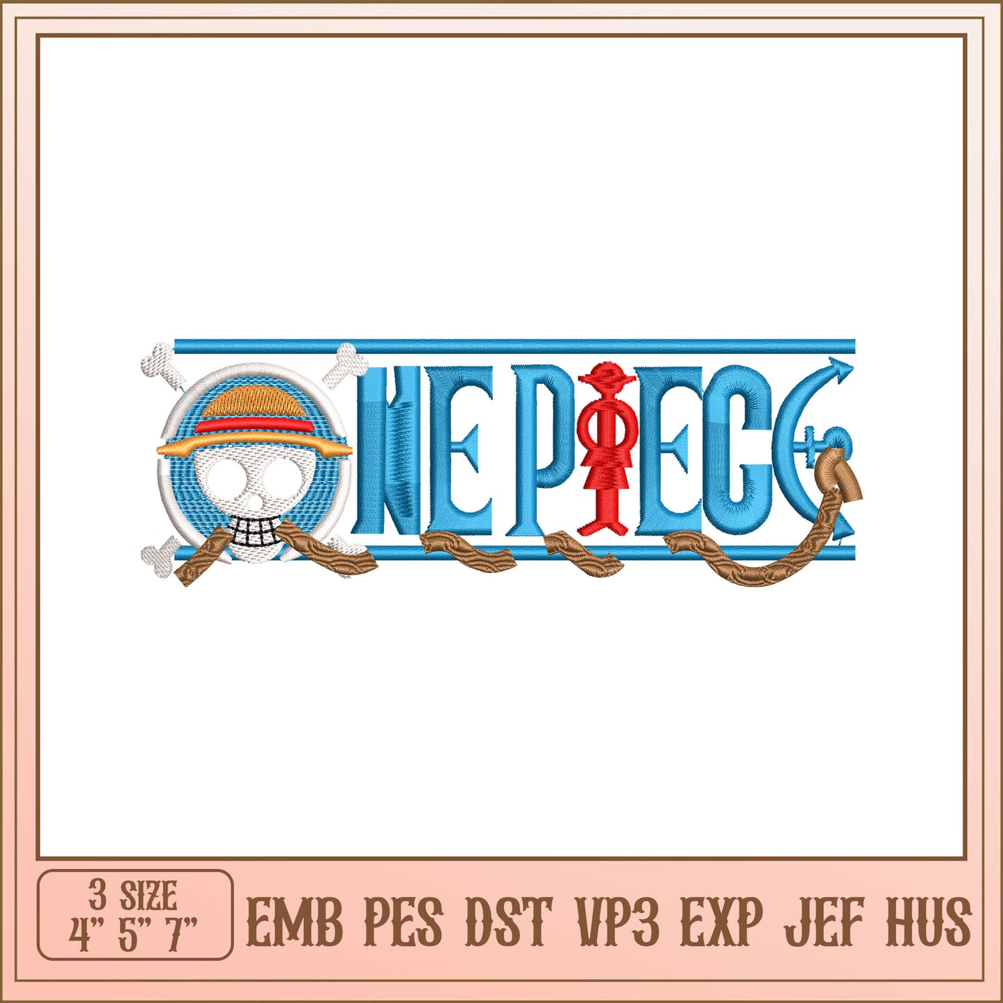 One Piece Embroidery Design for All Machine Formats 4x5 6x7 7x9