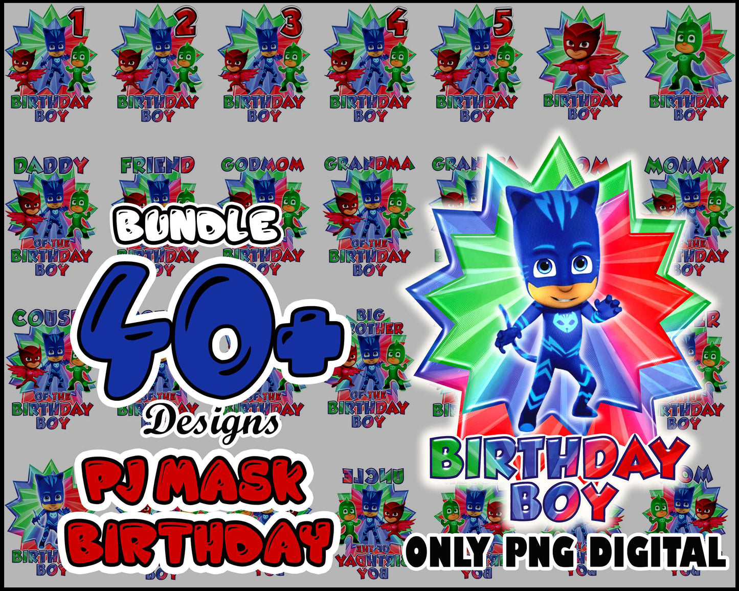 Pj masks fbirthday boy bundle png, happy birthday pj masks png