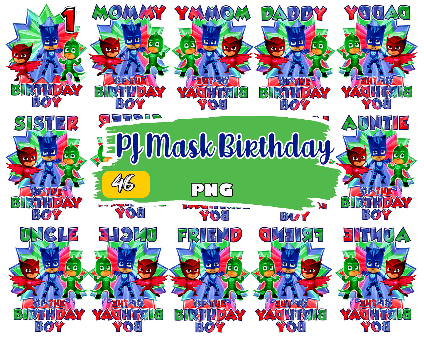 pj masks family of the birthday boy bundle png, pj masks birthday png