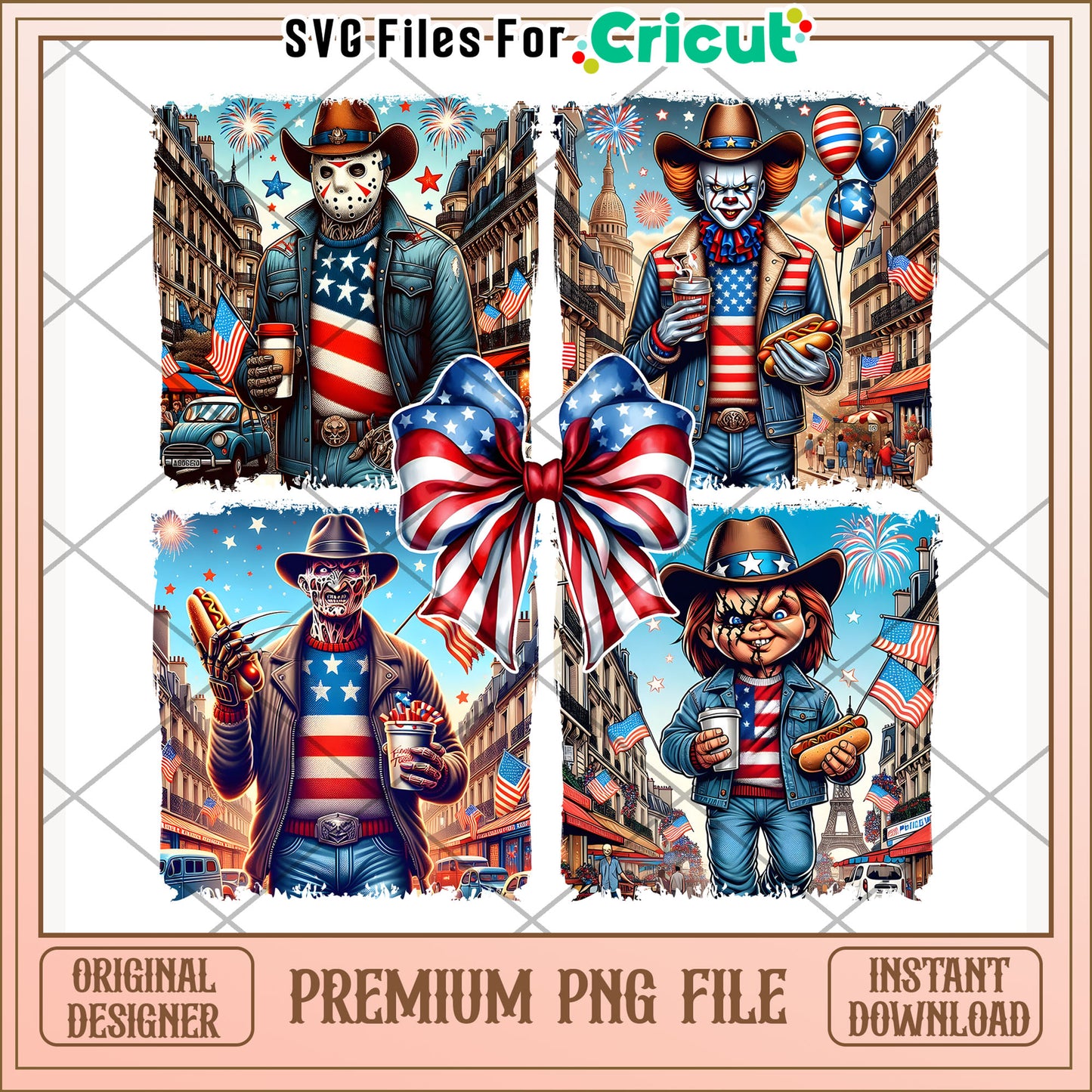 Patriotic horror movie characters png, 4th of july design png, patriotic theme png