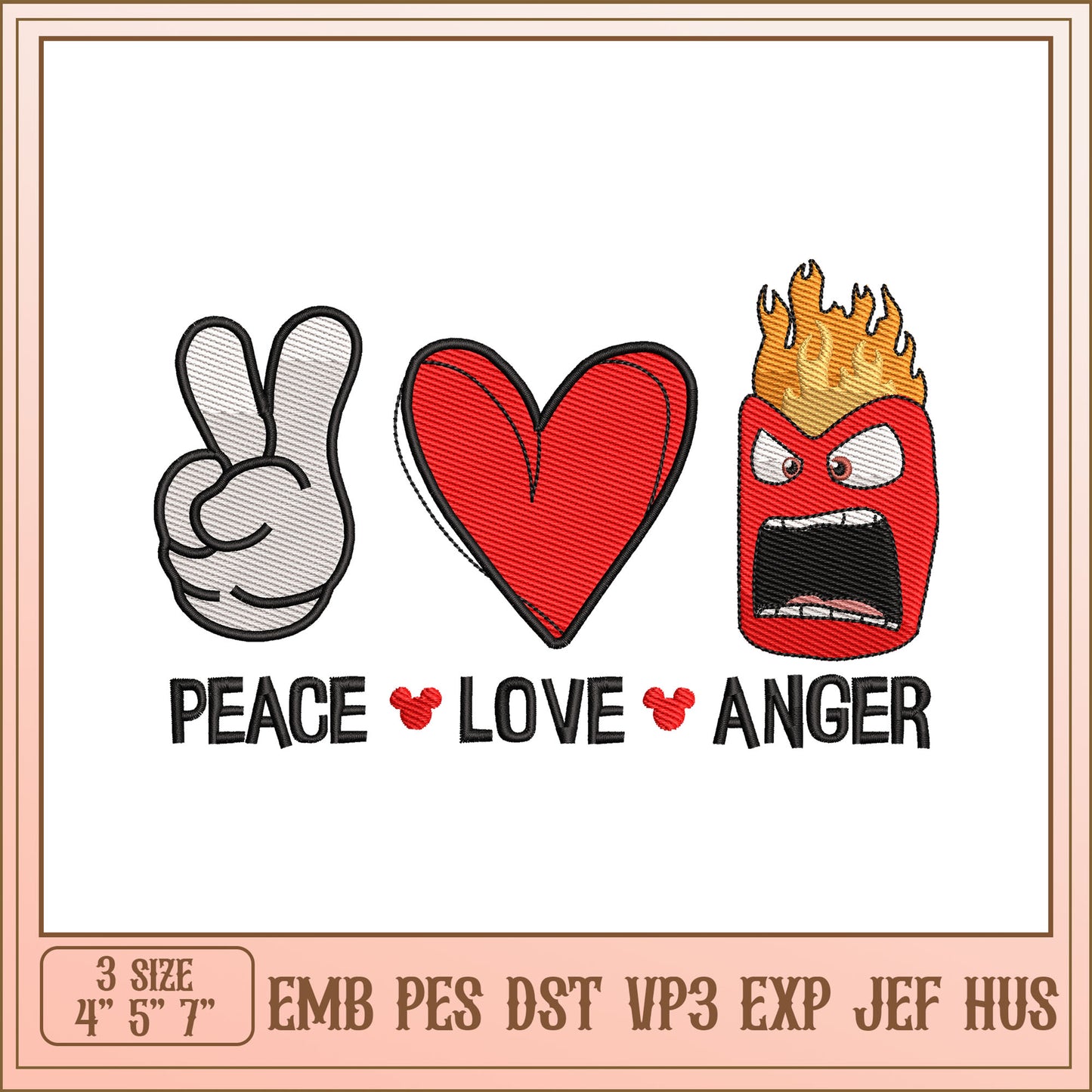 Peace Love Anger Embroidery Design