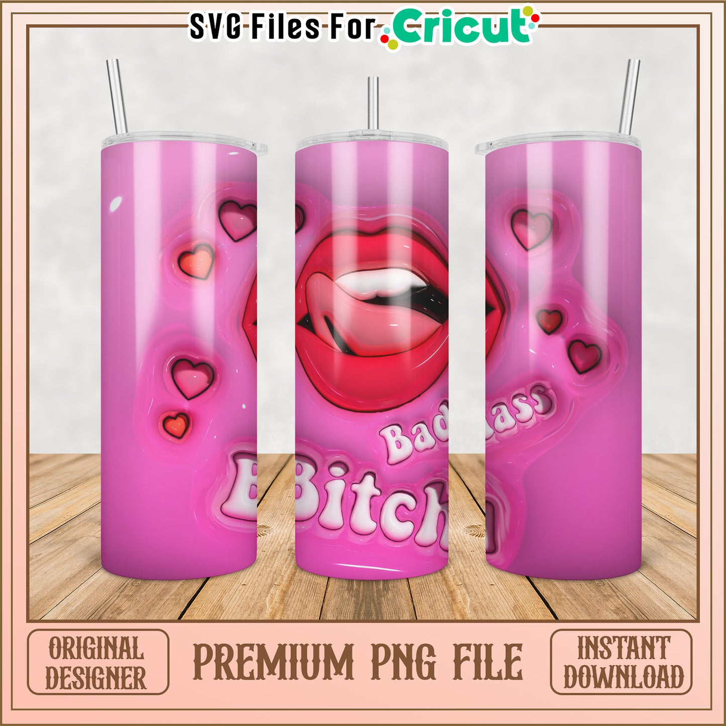 Pink Badass Bitch Tumbler PNG Design
