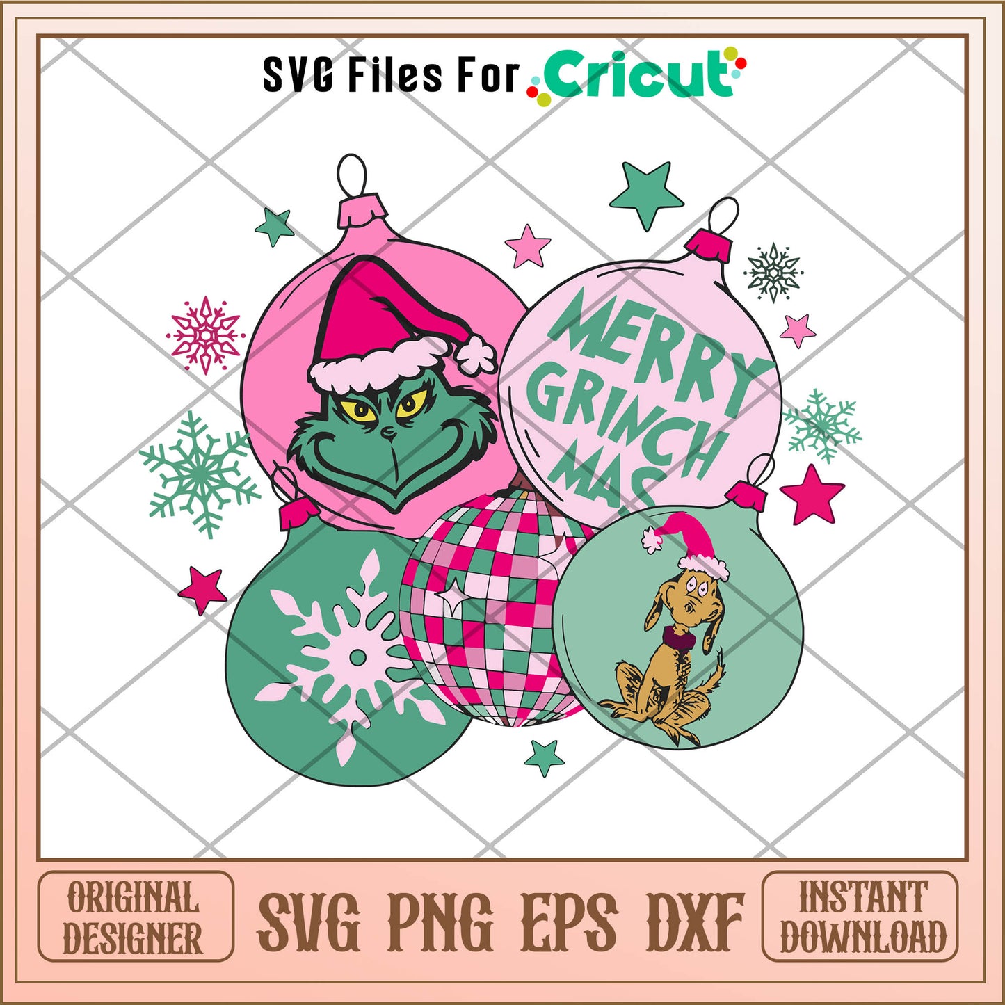Pink Christmas Merry Grinchmas SVG, decorative balls svg