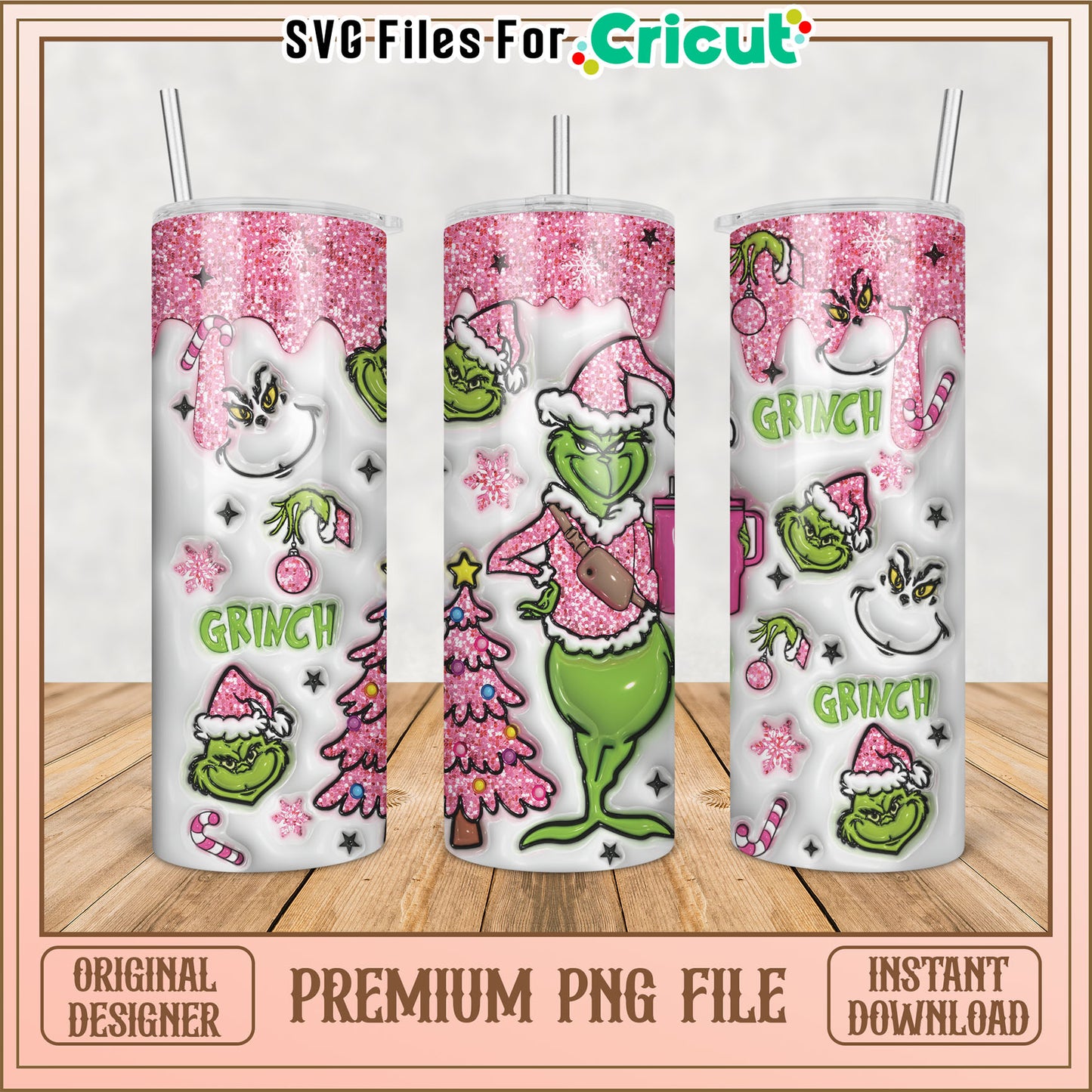 Pink Grinch Glitter Tumbler PNG