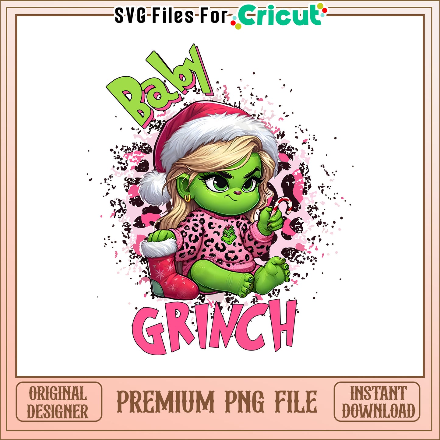 Pink baby Grinch boujee leopard png, the original grinch cartoon png