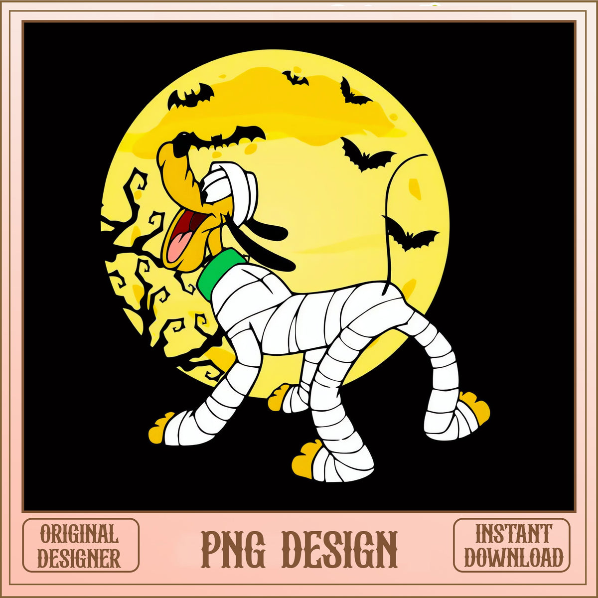 Pluto Halloween Mummy PNG, Disney Spooky Dog PNG, Full Moon Bats PNG