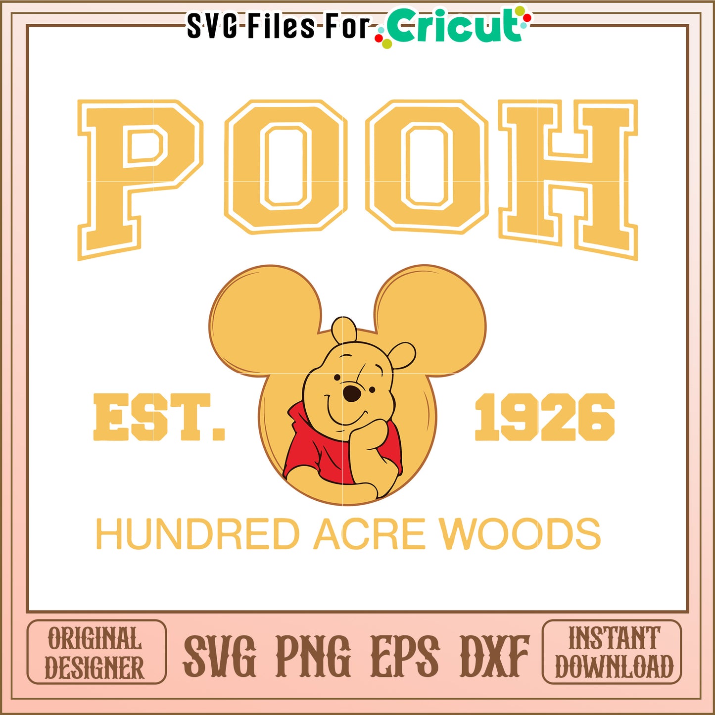 Pooh Bear design with Hundred Acre Woods text, a nostalgic classic