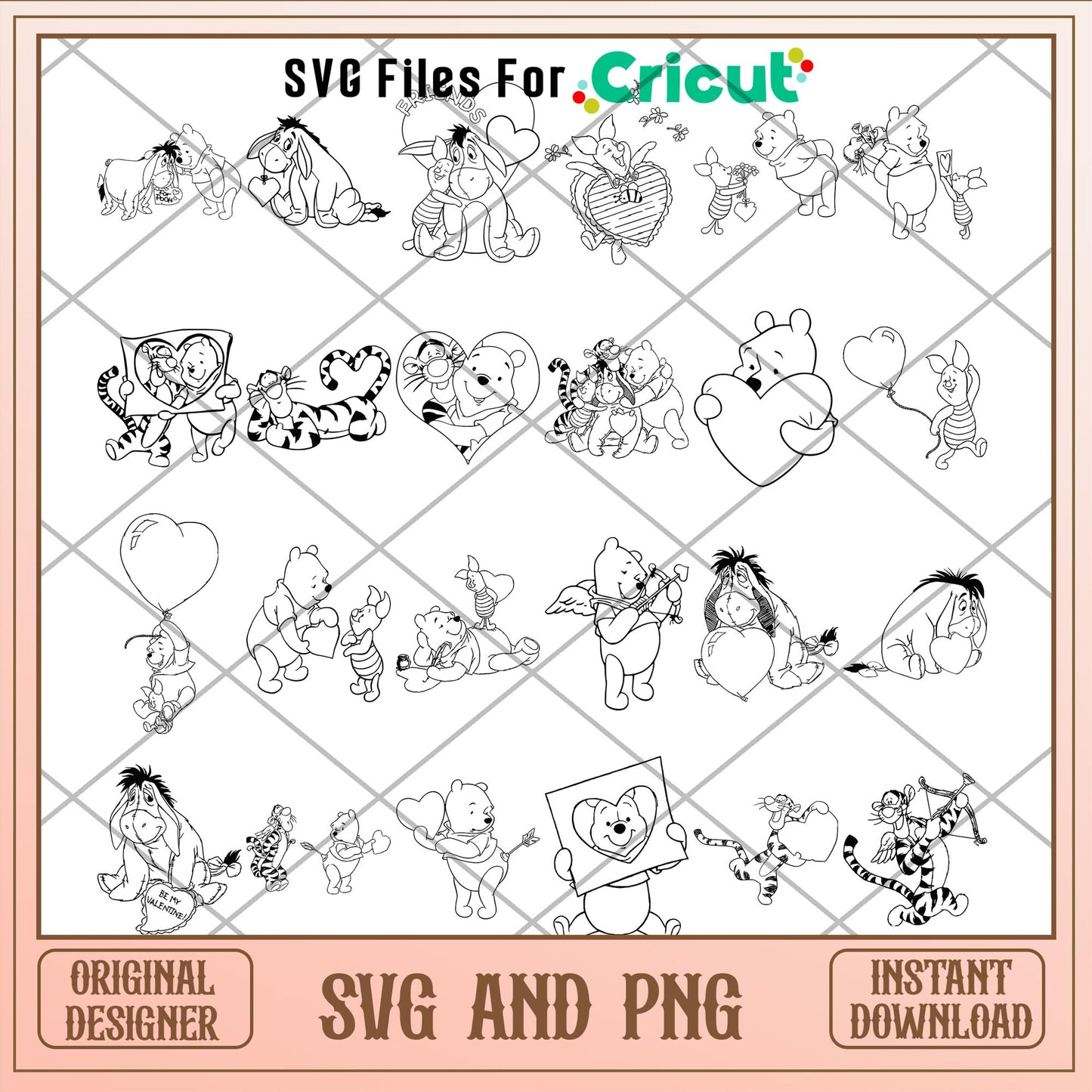 Winnie the Pooh valentines black and white svg bundle