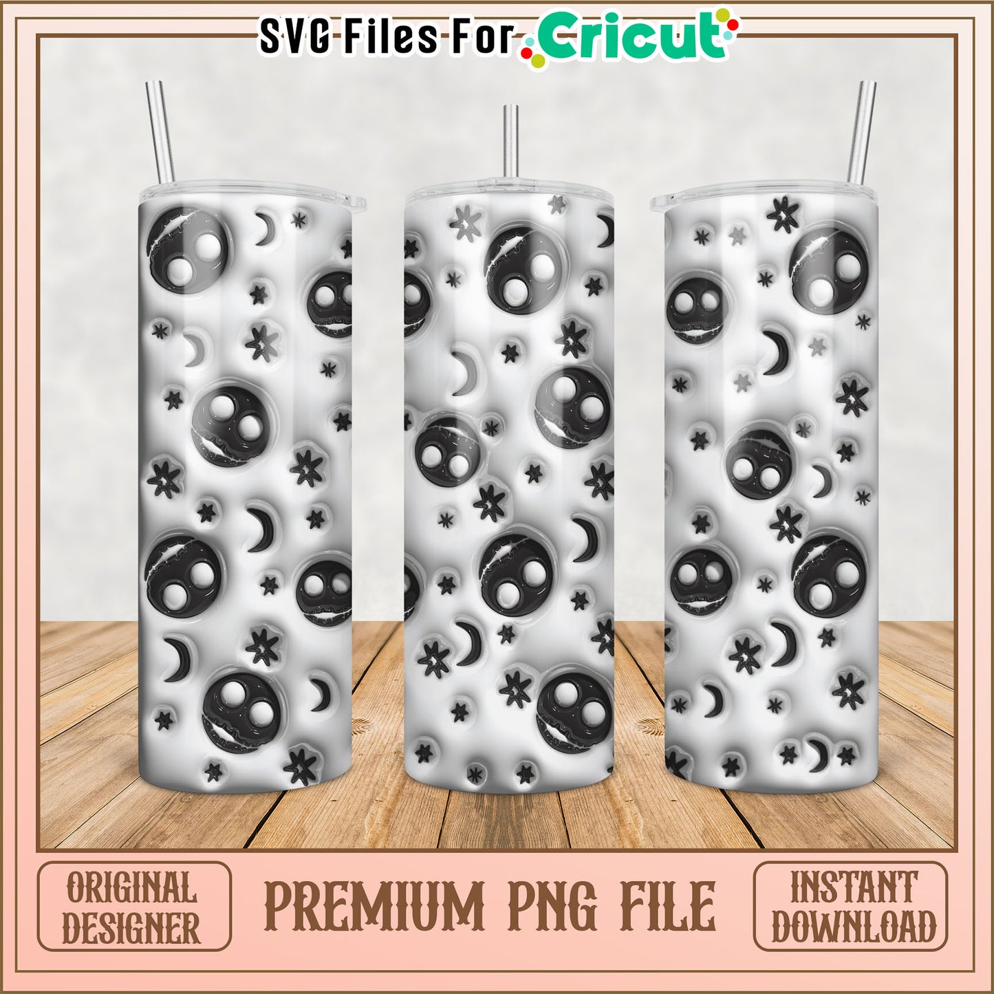 Premium Tumbler PNG Design with Moon and Star Patterns for Cricut