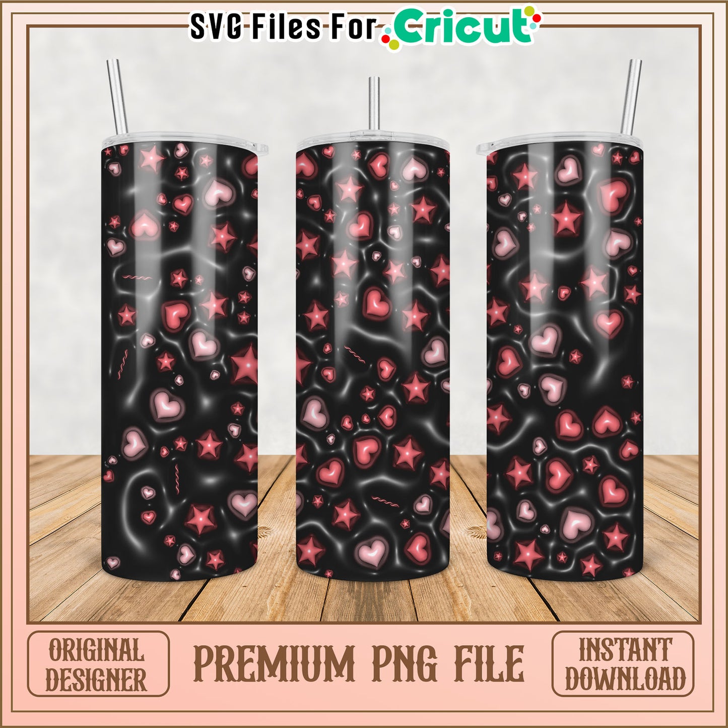 Premium Tumbler PNG File with Hearts and Stars Design Download