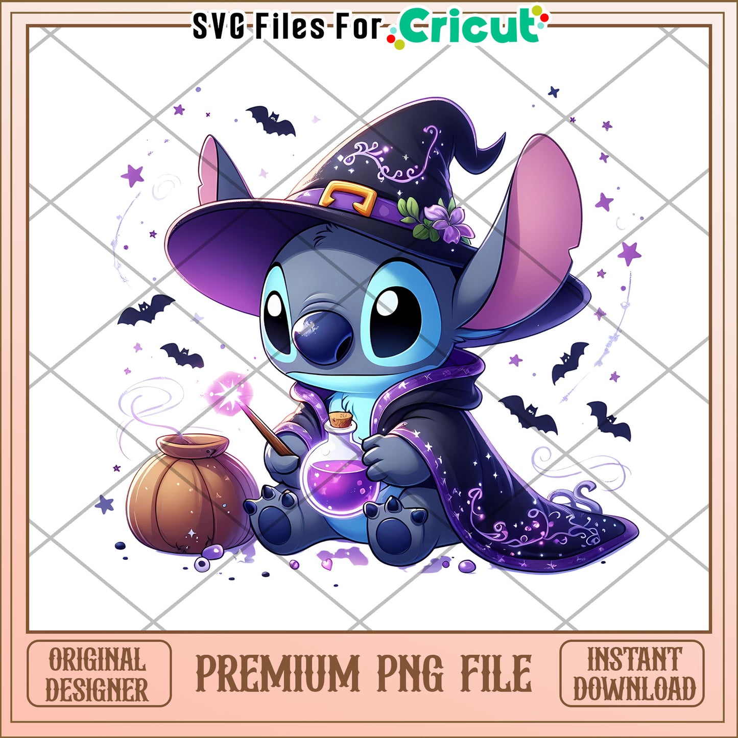Purple witch stitch png, halloween pumpkins png, cute stitch png