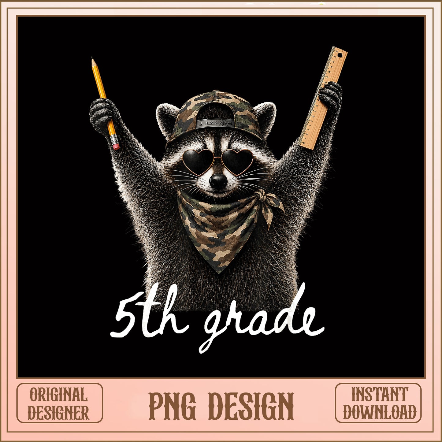 Raccoon 5th Grade Back To School PNG, Camo Raccoon PNG, Teacher PNG