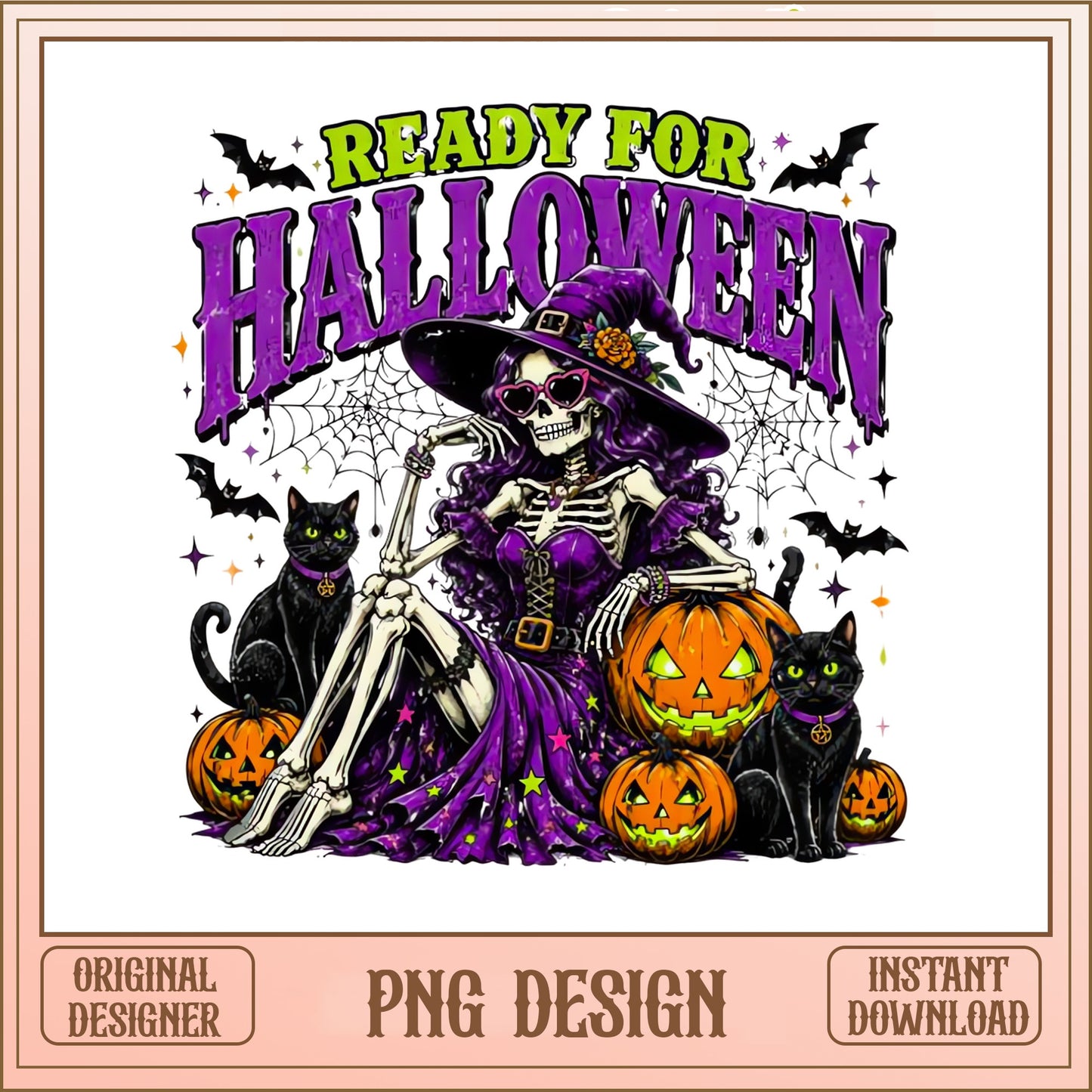Ready For Halloween Skeleton Witch PNG, Black Cat PNG, Pumpkin PNG